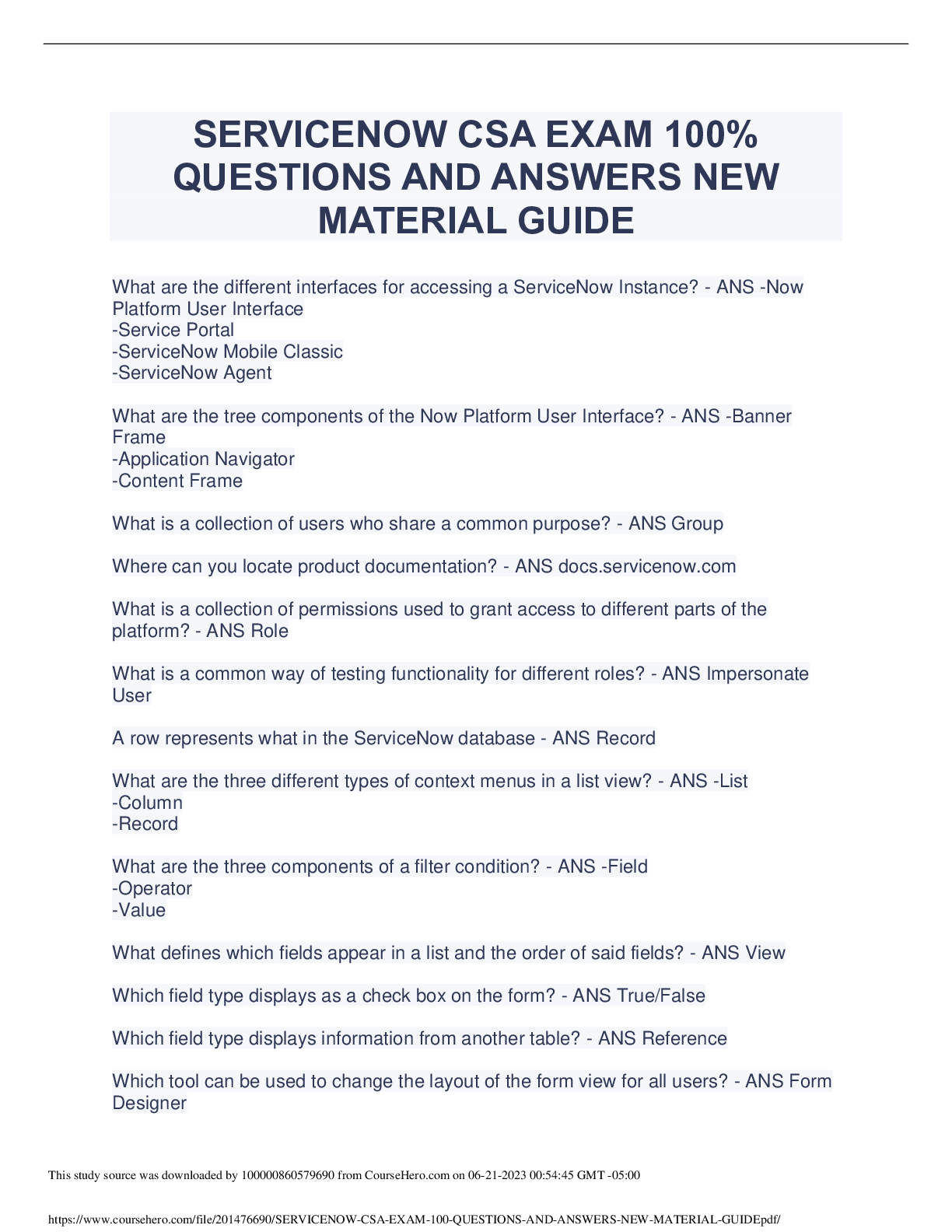 Preview image for SERVICENOW CSA EXAM 100% QUESTIONS AND ANSWERS NEW MATERIAL GUIDE