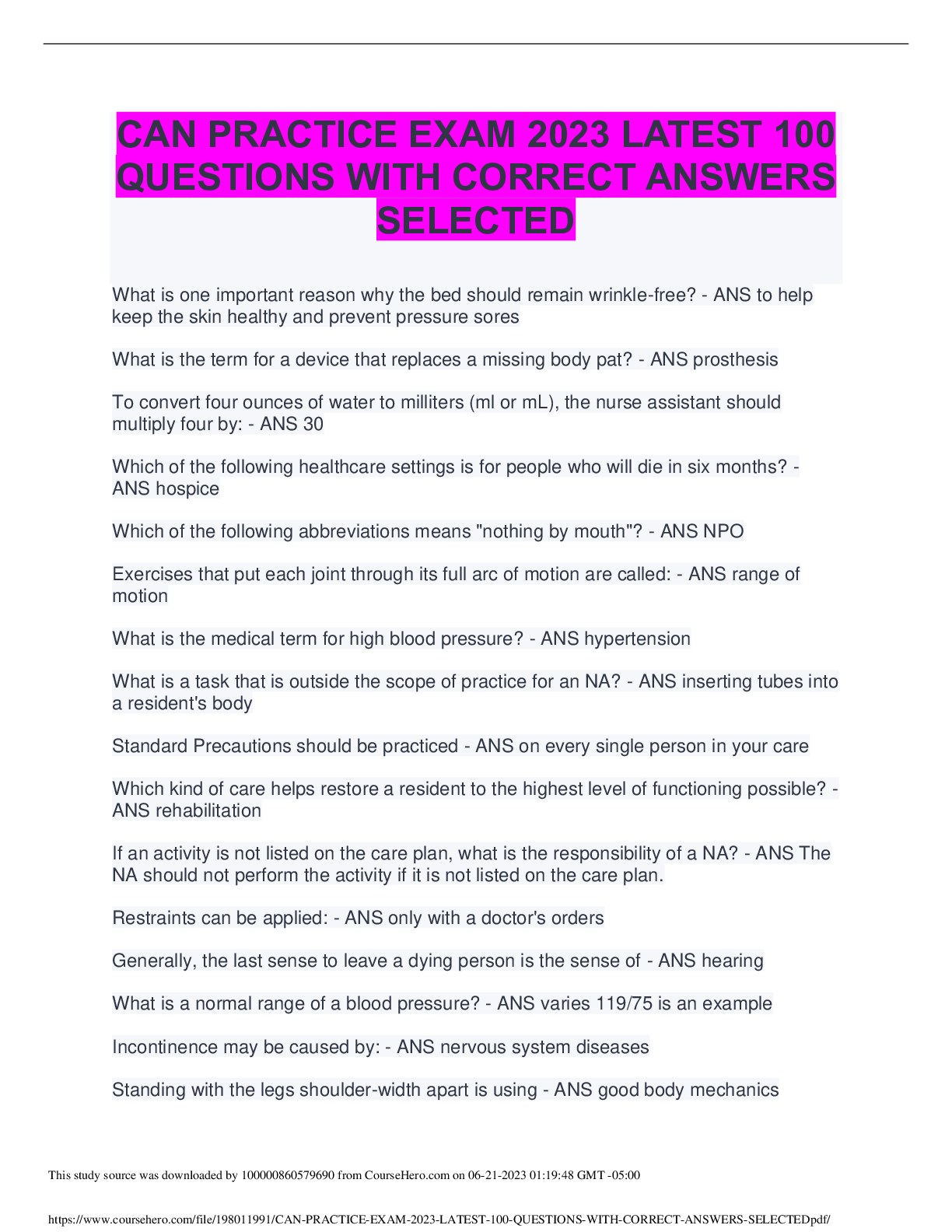 Preview image for CAN PRACTICE EXAM 2023 LATEST 100 QUESTIONS WITH CORRECT ANSWERS SELECTED