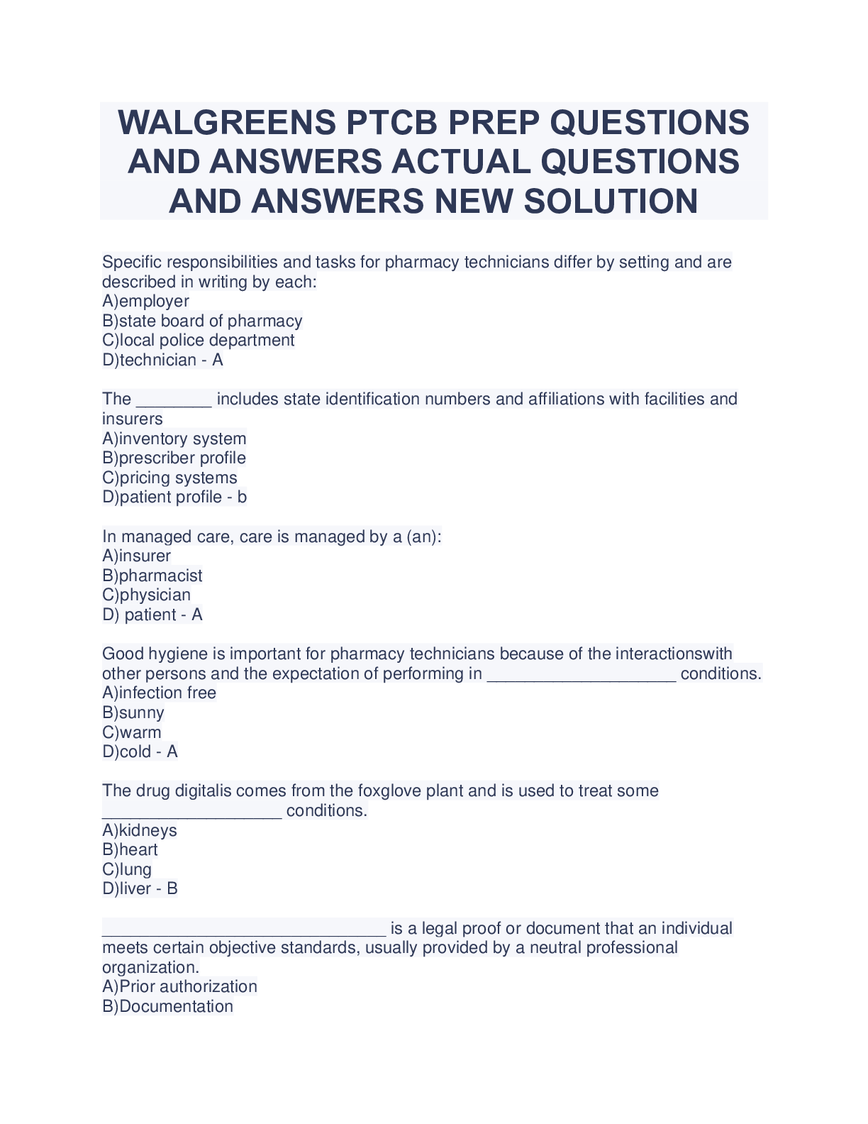 Preview image for WALGREENS PTCB PREP QUESTIONS AND ANSWERS ACTUAL QUESTIONS AND ANSWERS NEW SOLUTION