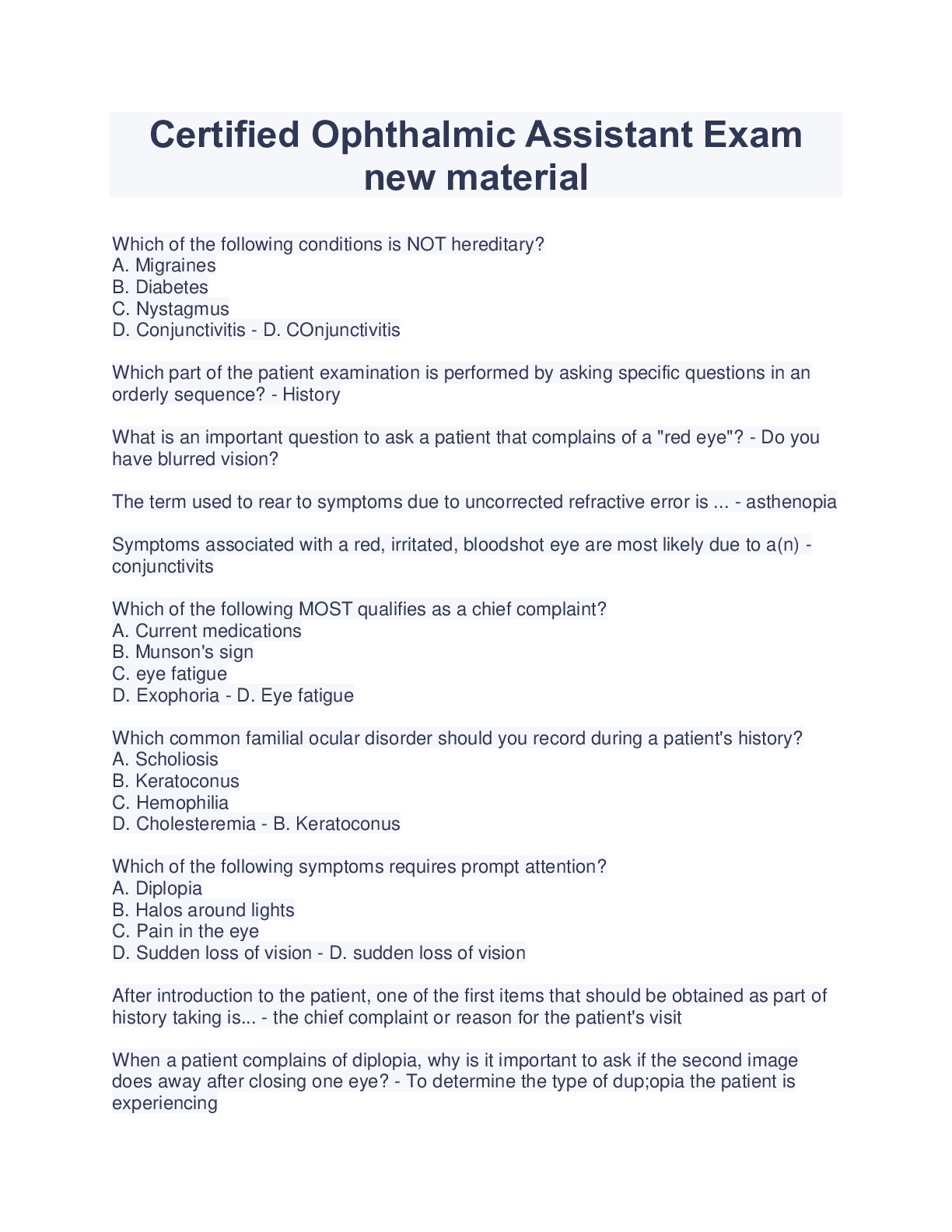 Preview image for Certified Ophthalmic Assistant Exam new material
