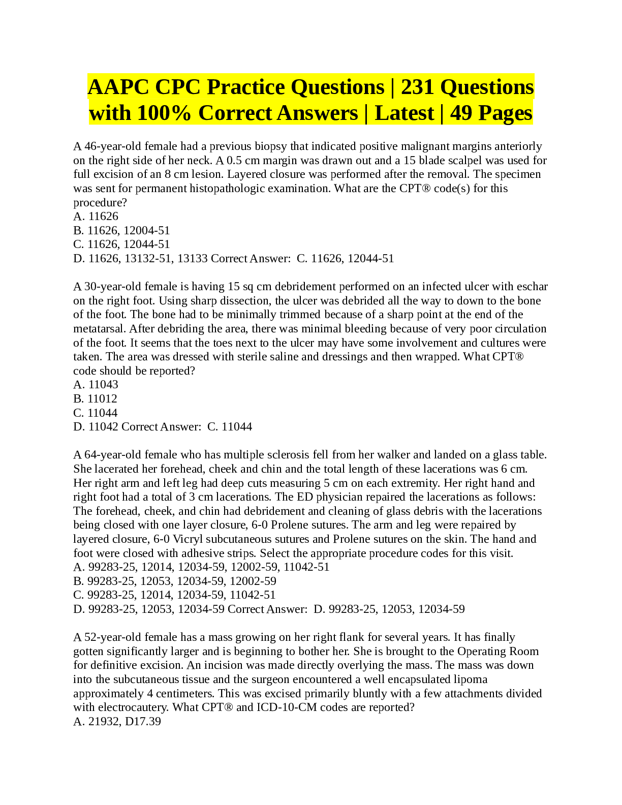 Preview of AAPC CPC Practice Questions | 231 Questions with 100% Correct Answers | Latest | 49 Pages