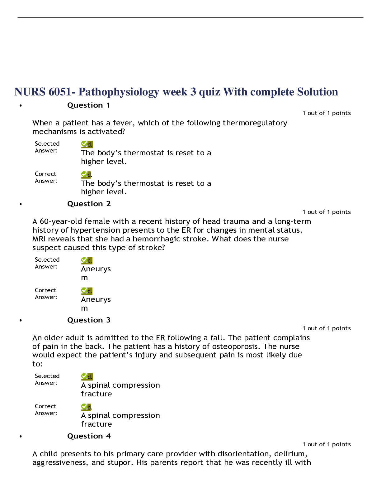 Preview image for NURS 6051- Pathophysiology week 3 quiz With complete Solution