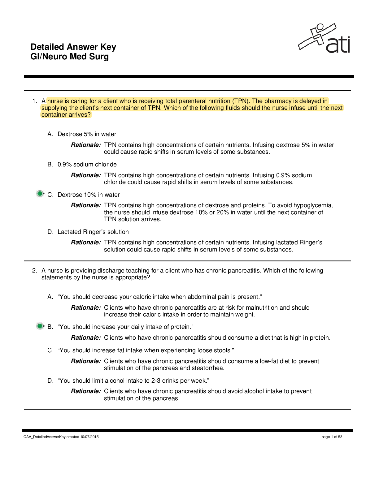 Preview of ATI Detailed Answer Key GI/Neuro Med Surg.