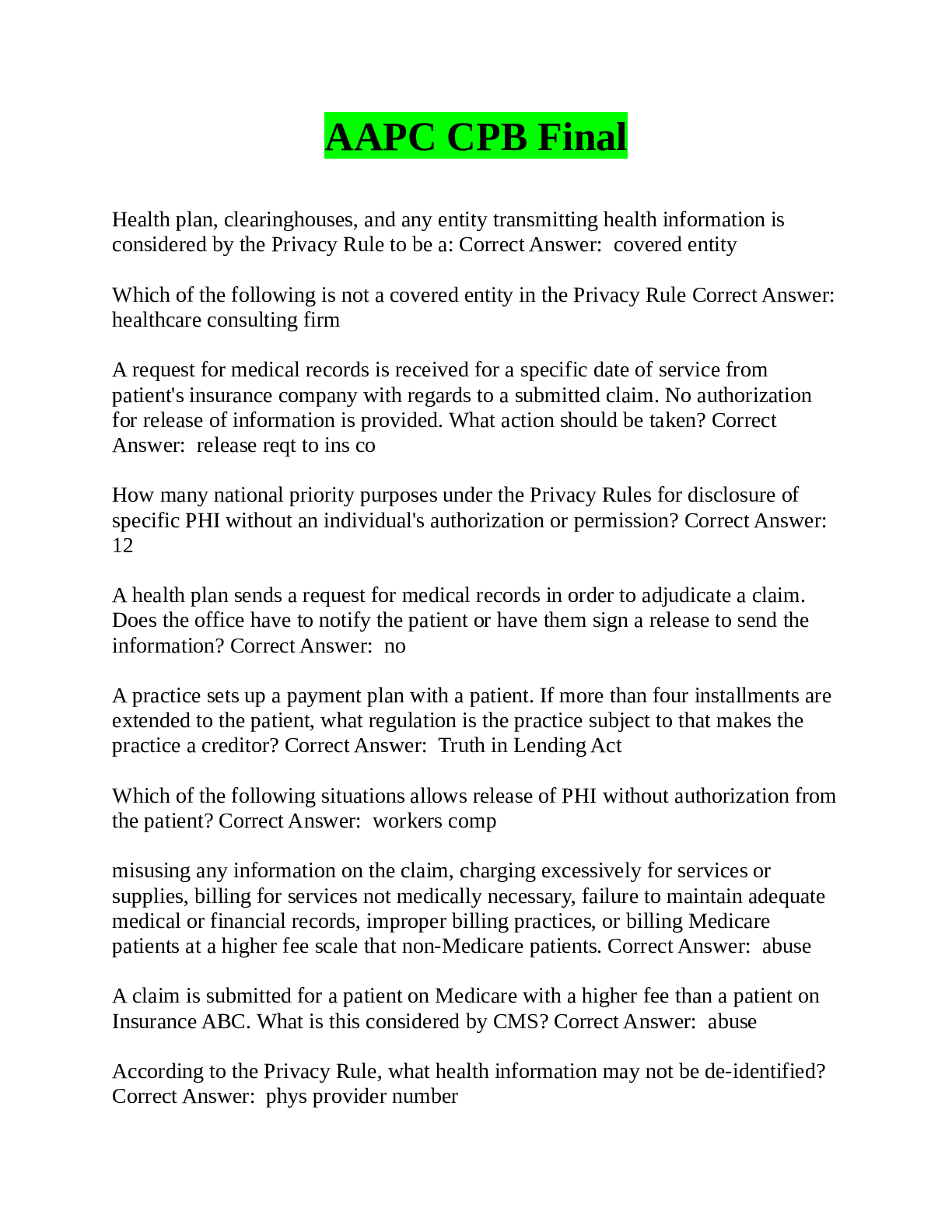 Preview image for AAPC CPB Final Exam, Questions And Answers