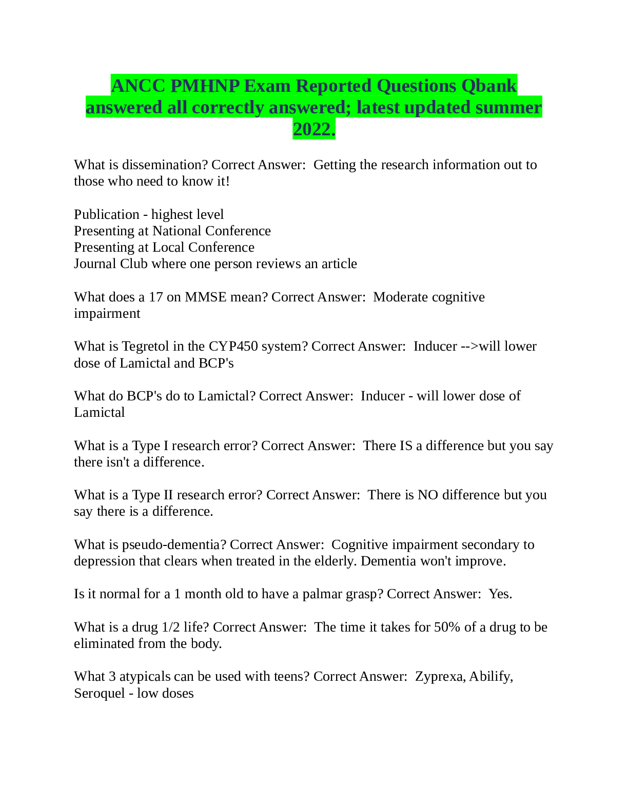 Preview image for ANCC PMHNP Exam Reported Questions Qbank answered all correctly answered; latest updated summer 2023.