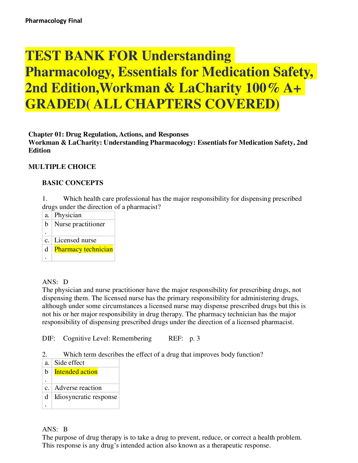 Preview image for TEST BANK FOR Understanding Pharmacology, Essentials for Medication Safety, 2nd Edition,Workman & LaCharity 100% A+ GRADED( ALL CHAPTERS COVERED)