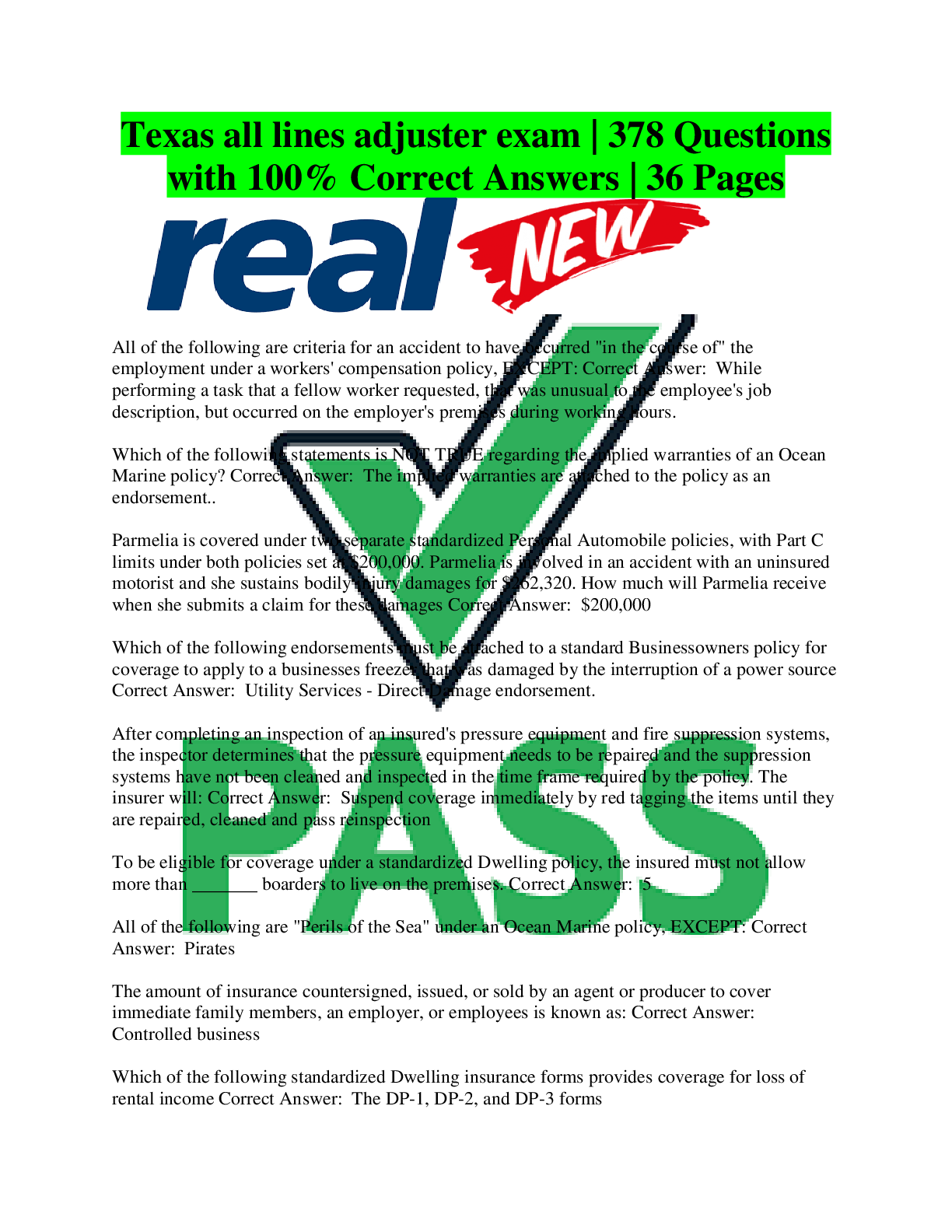 Preview image for Texas all lines adjuster exam | 378 Questions with 100% Correct Answers | 36 Pages