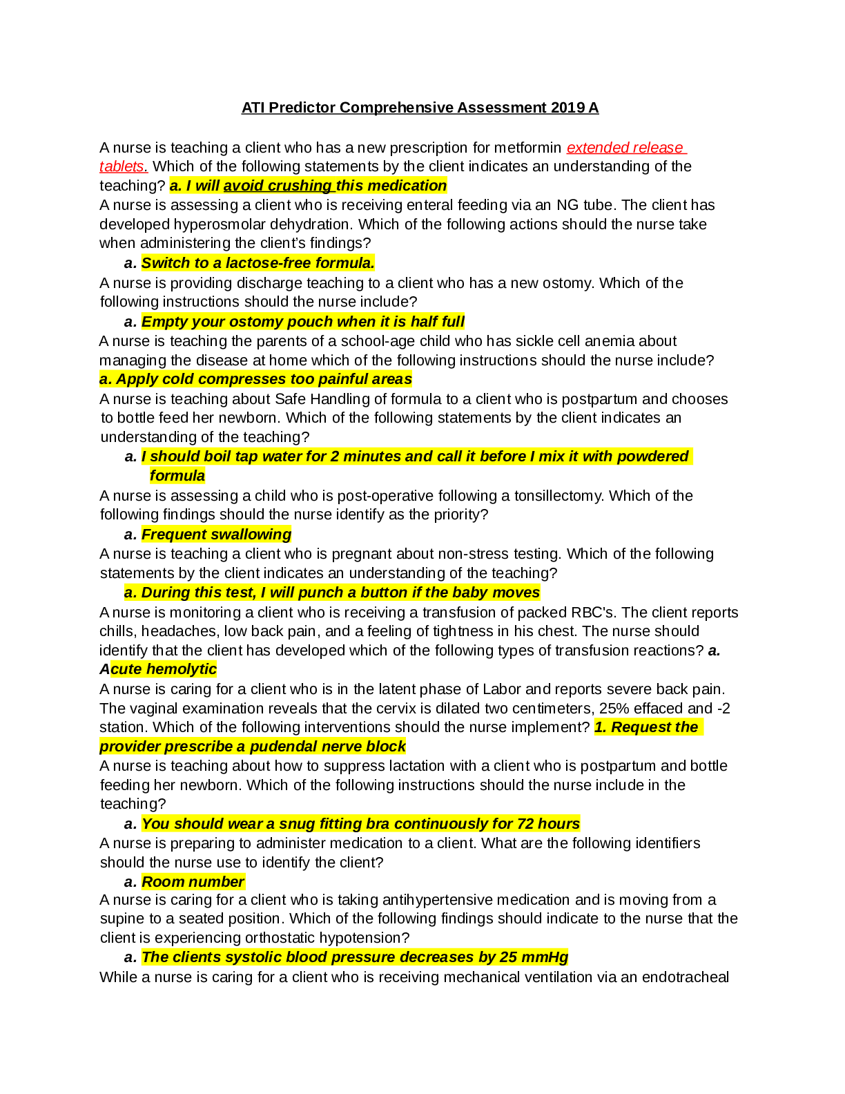 Preview image of ATI Predictor Comprehensive Assessment 2019 A document