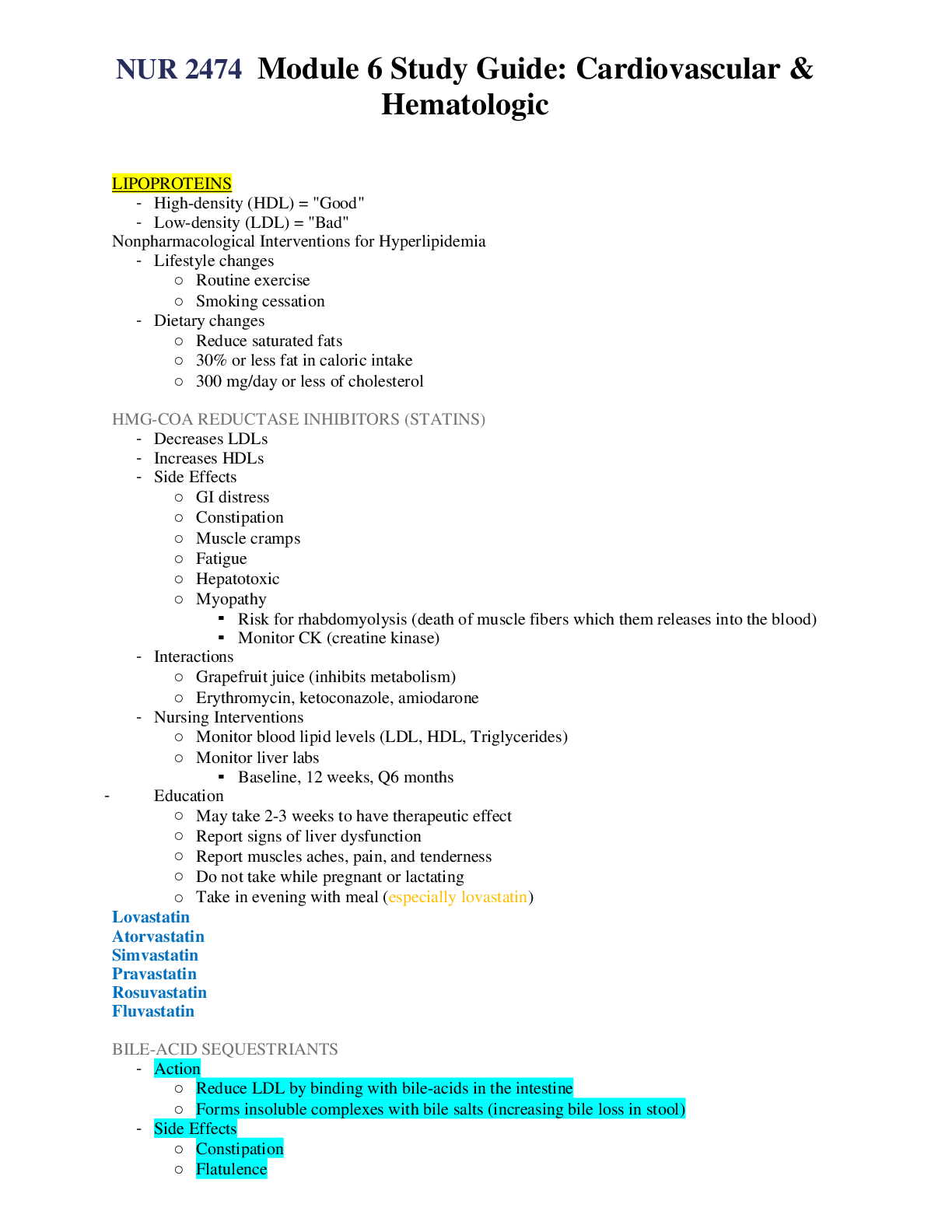 Preview image of NUR 2474  Module 6 Study Guide Cardiovascular & Hematologic document