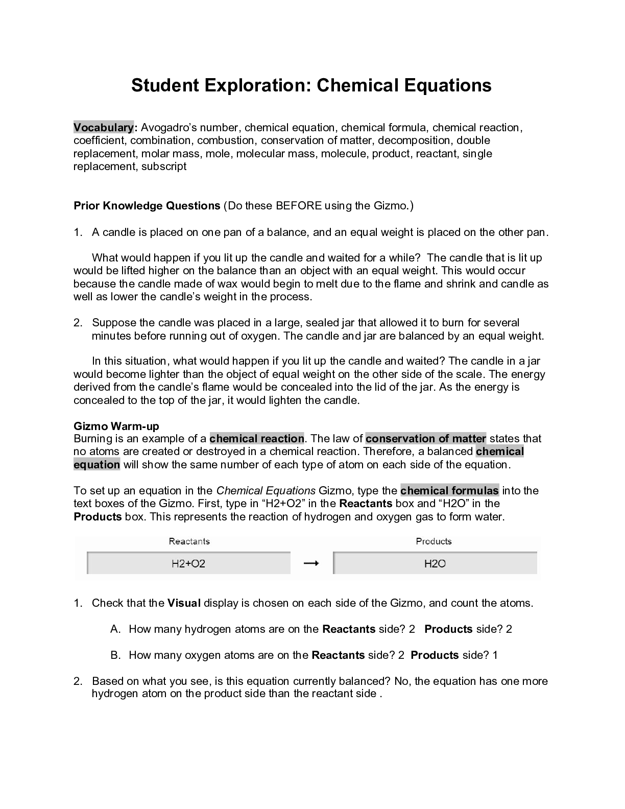 Preview image of Student Exploration Chemical Equations document