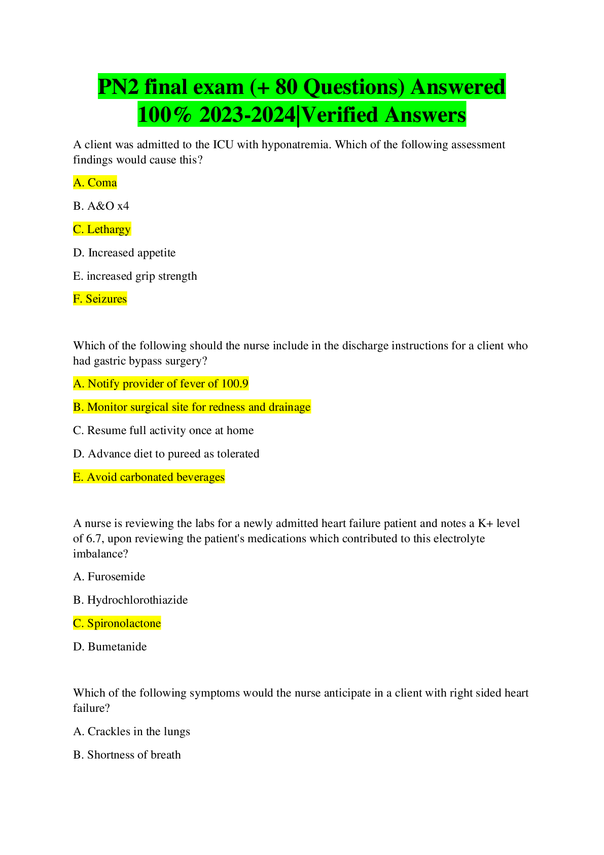 PN2 final exam (+ 80 Questions) Answered 100% 2023-2024|Verified Answers
