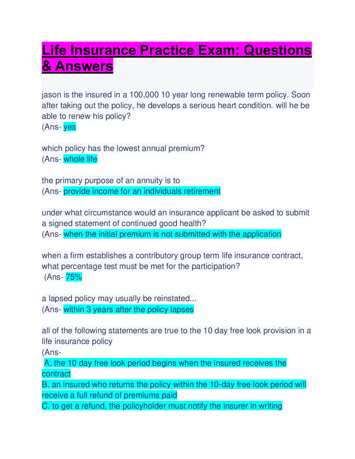 Life Insurance Practice Exam: Questions & Answers: A+ Guide - Browsegrades