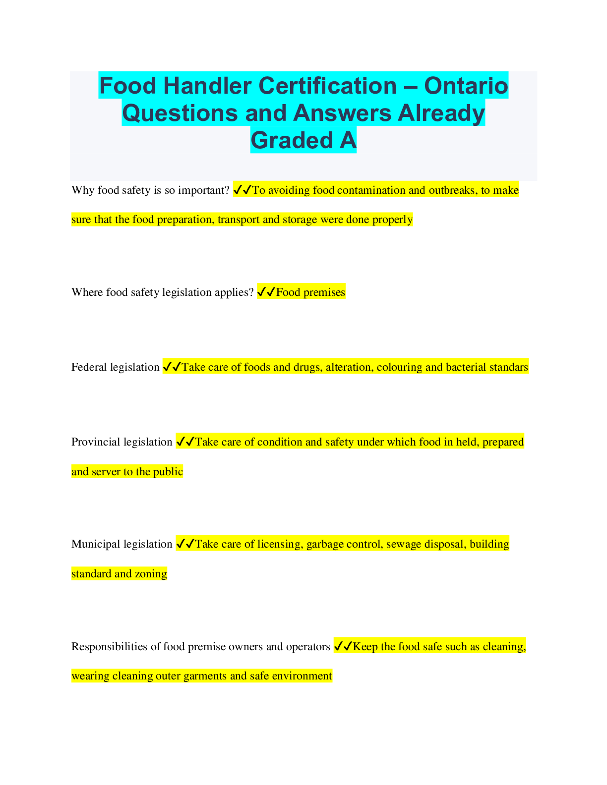 Preview of Food Handler Certification – Ontario Questions and Answers Already Graded A