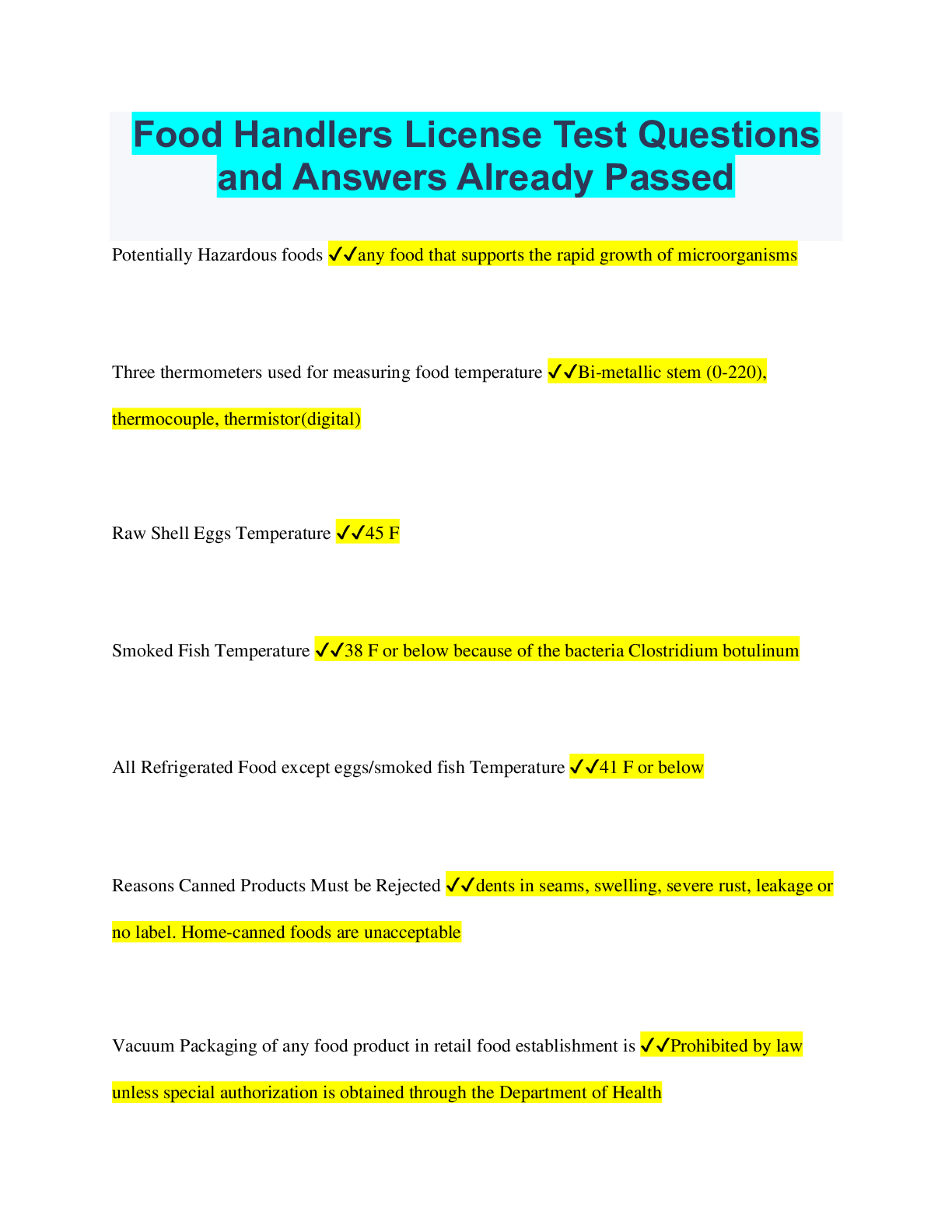 Preview of Food Handlers License Test Questions and Answers Already Passed