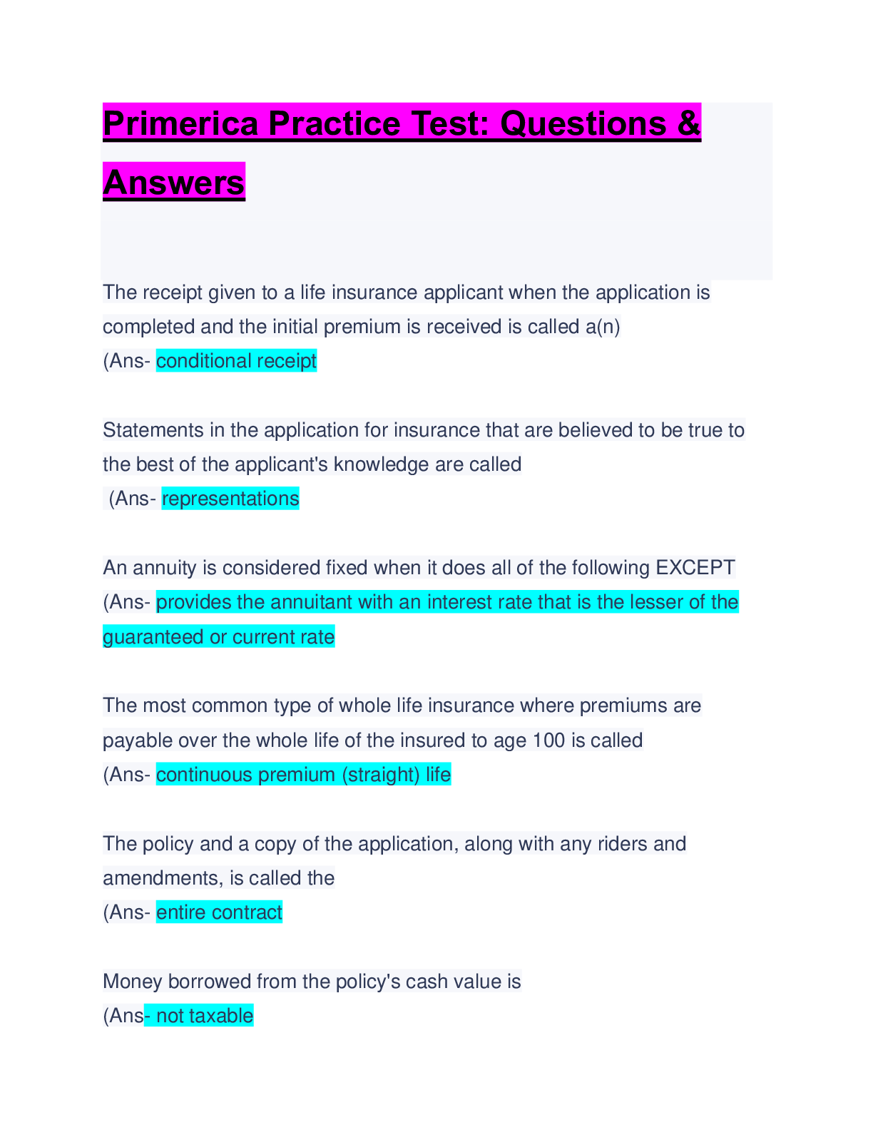 Preview image of Primerica Practice Test: Questions & Answers: Latest Solution document