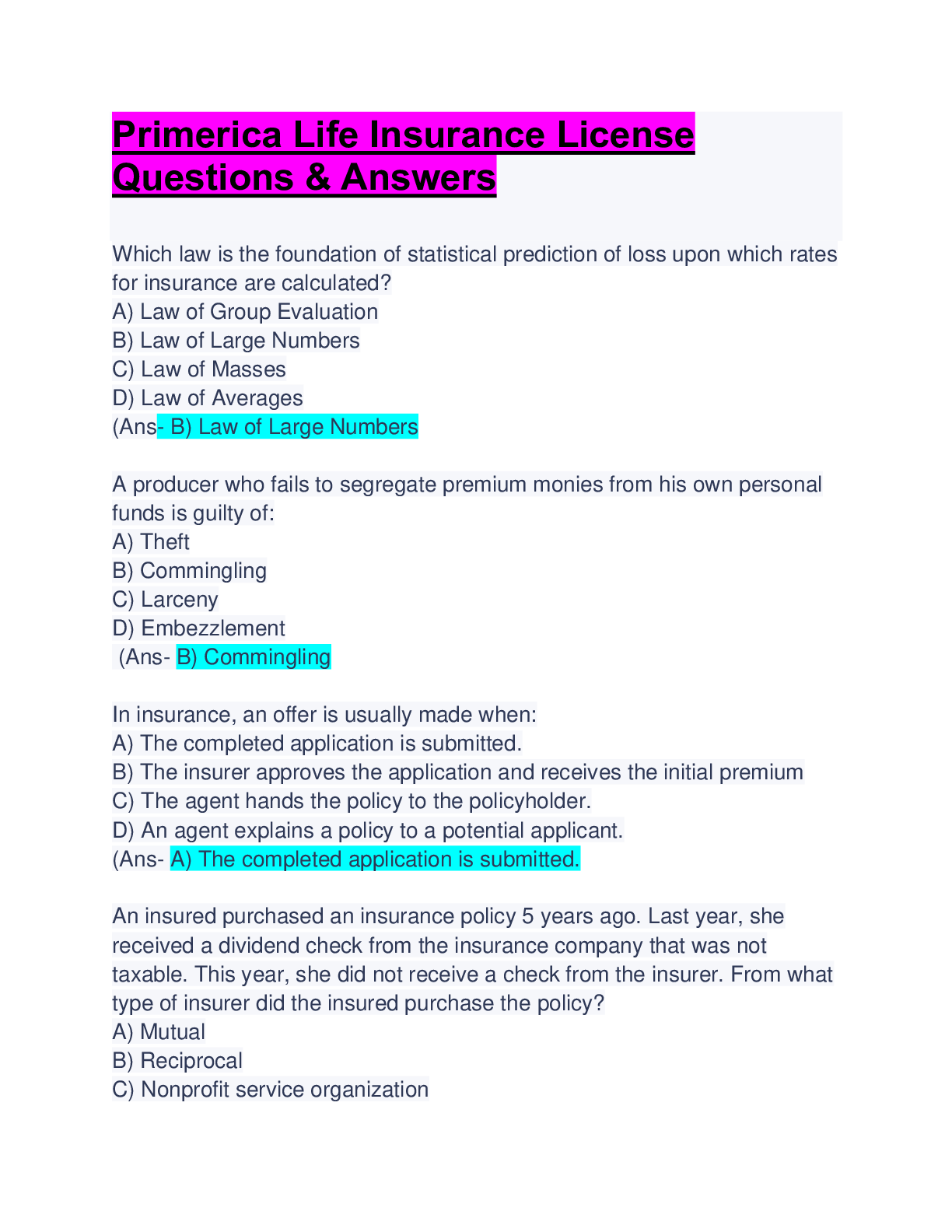 Primerica Life Insurance License Questions & Answers Updated