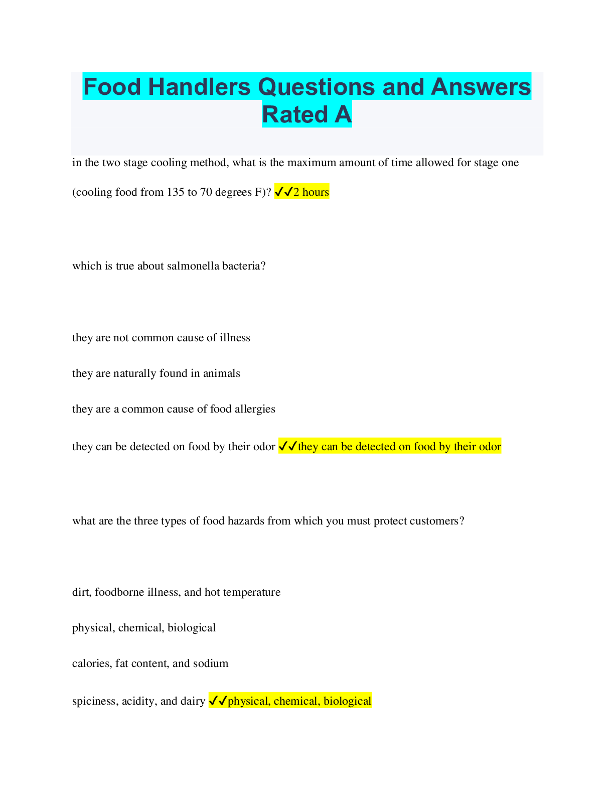 Preview of Food Handlers Questions and Answers Rated A