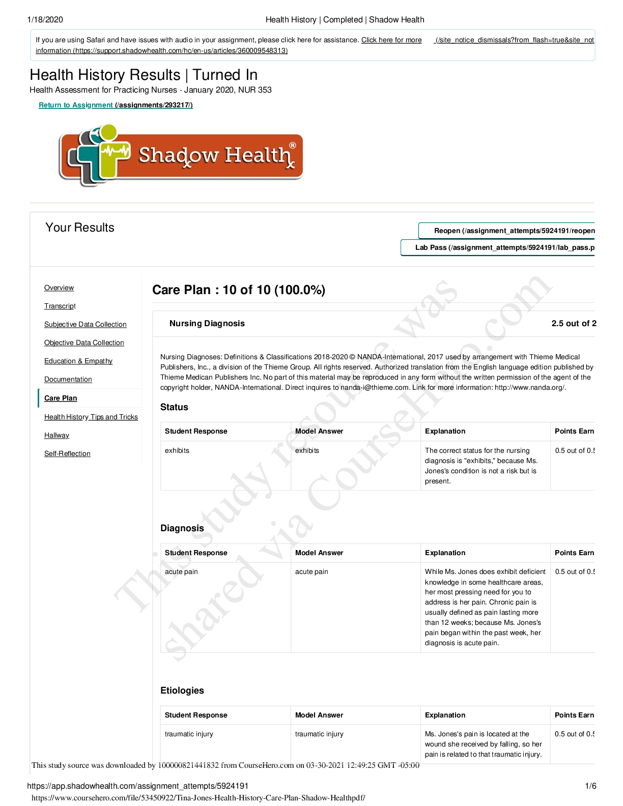 Preview image for NURS 2050 Tina Jones Respiratory Transcript Shadow Health graded A