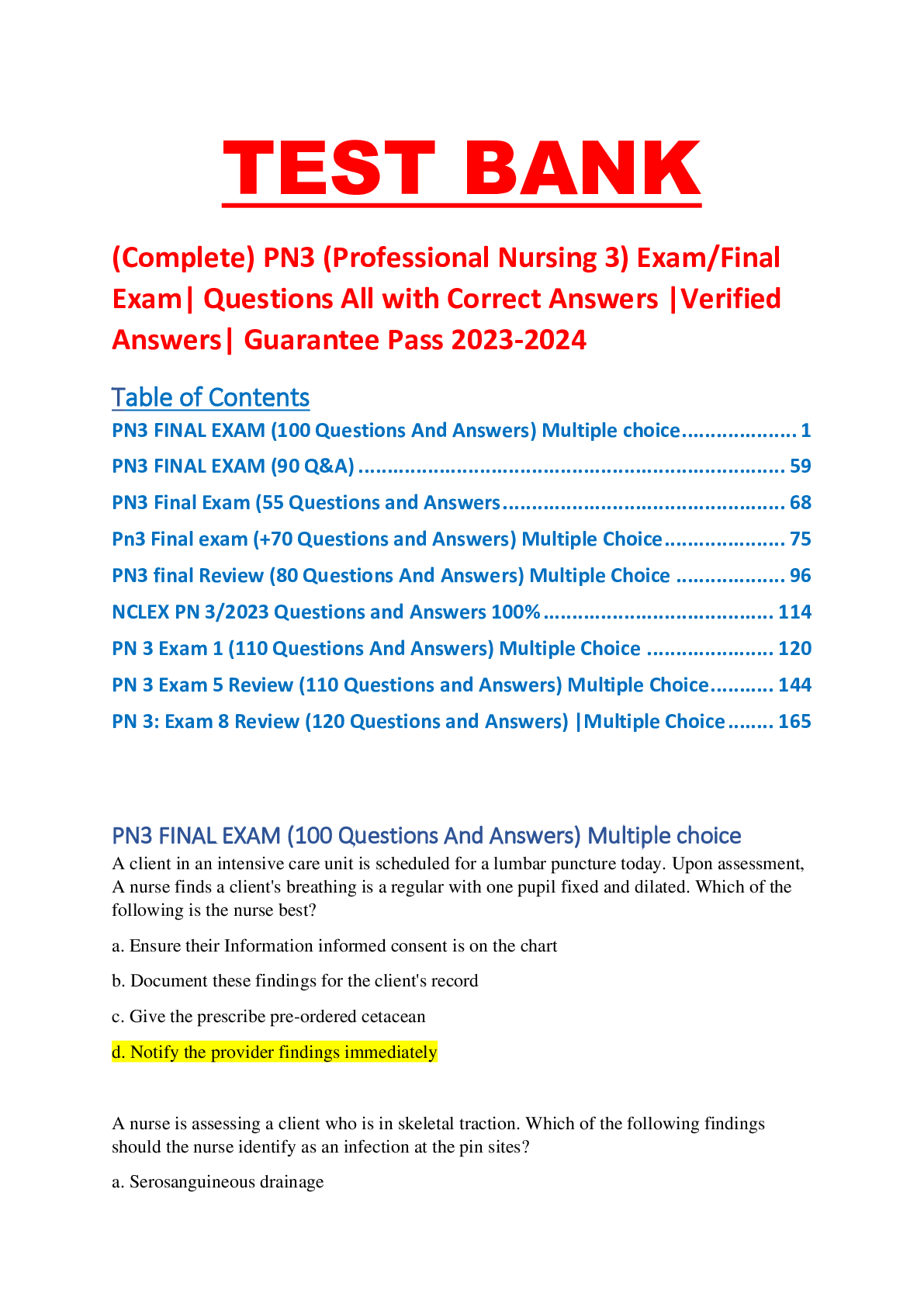 Preview of (Complete) PN3 (Professional Nursing 3) Exam/Final Exam| Questions All with Correct Answers |Verified Answers| Guarantee Pass 2023-2024