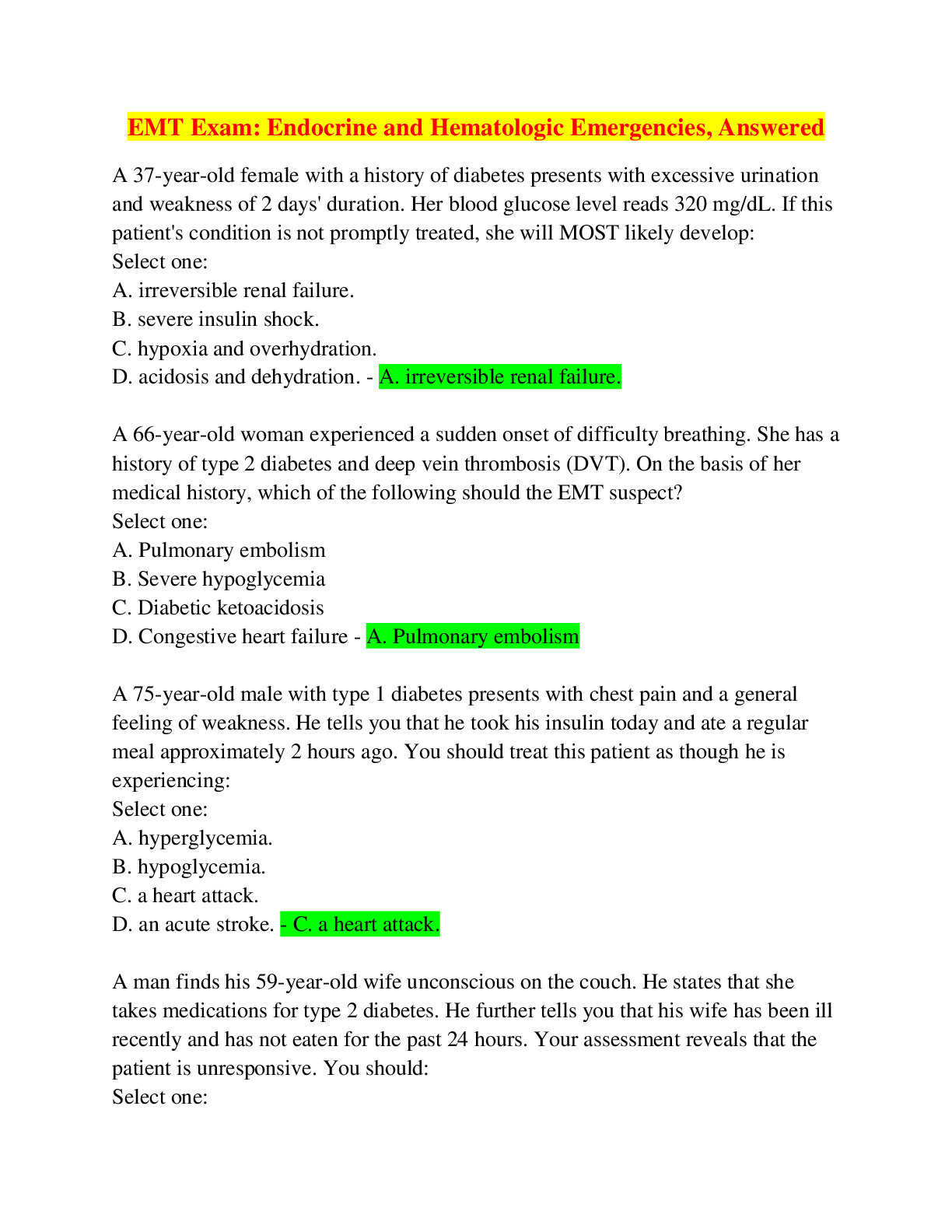Preview image for EMT Exam: Endocrine and Hematologic Emergencies, Answered