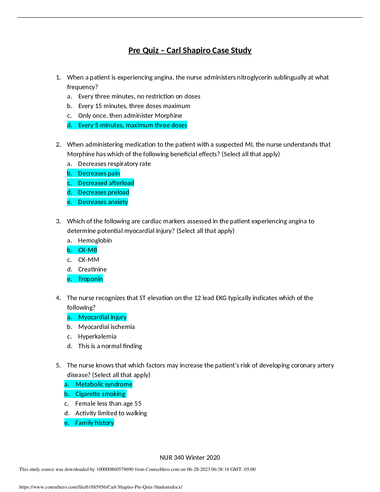 Preview image for NUR 340 Pre Quiz – Carl Shapiro Case Study