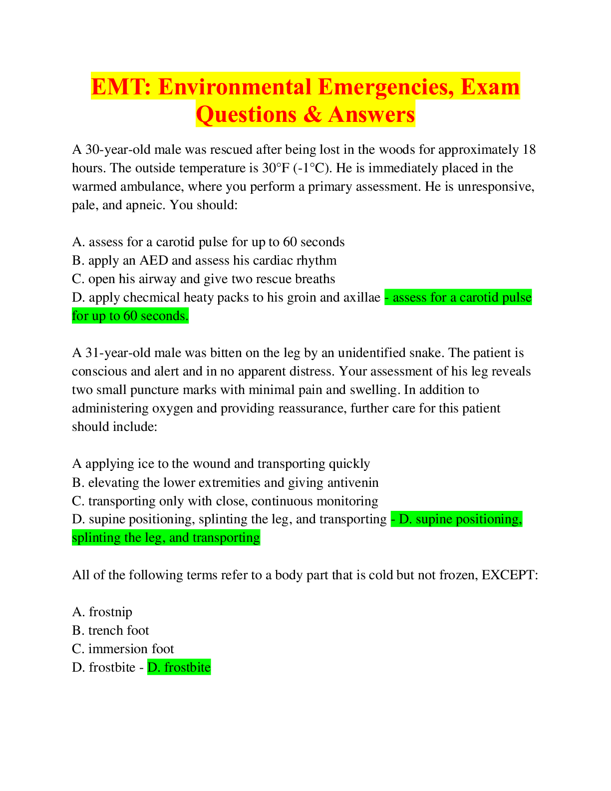Preview image for EMT: Environmental Emergencies, Exam Questions & Answers