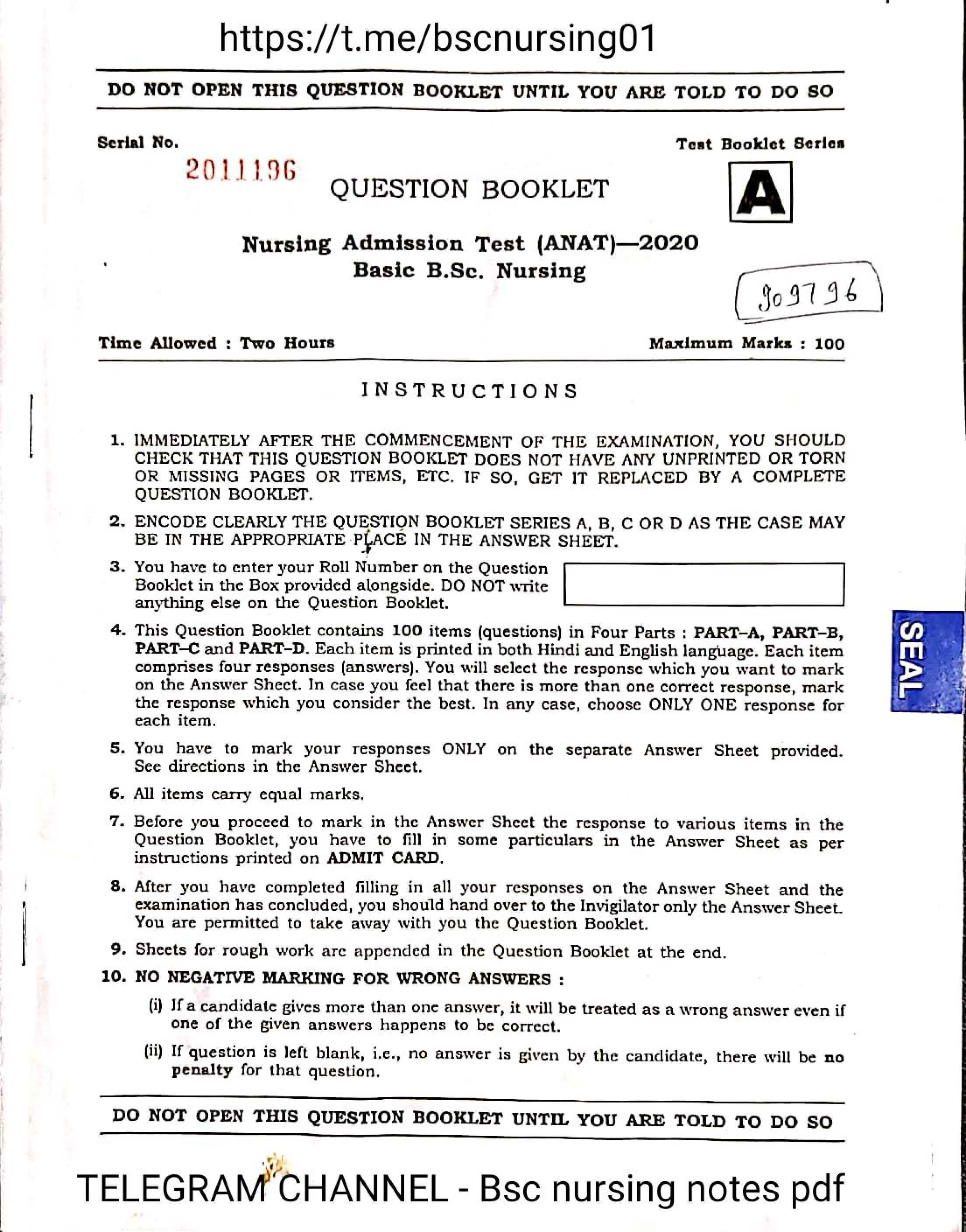 Preview of BSC NURSING ENTRANCE EXAM 2023