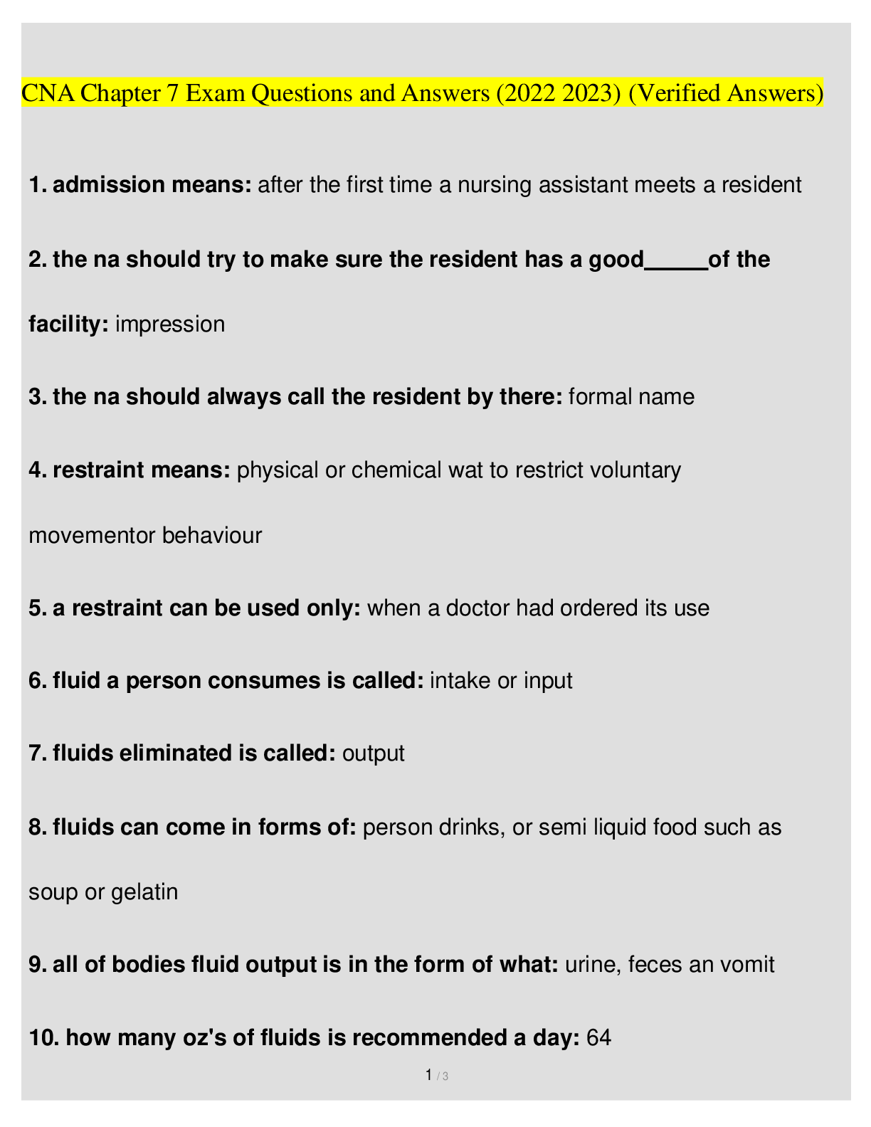Preview image for CNA Chapter 7 Exam Questions and Answers (2022 2023) (Verified Answers)