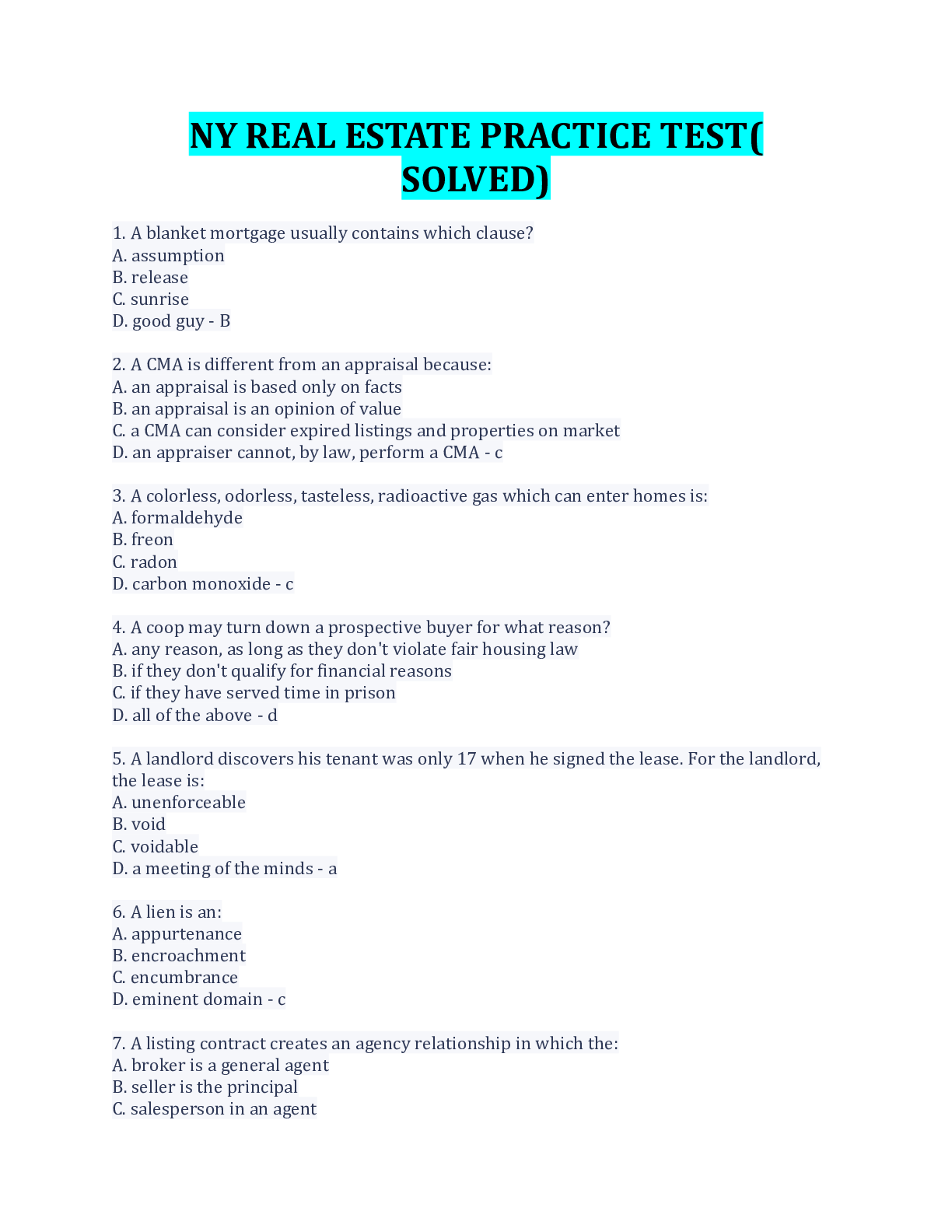 Preview image of NY REAL ESTATE PRACTICE TEST( SOLVED) document