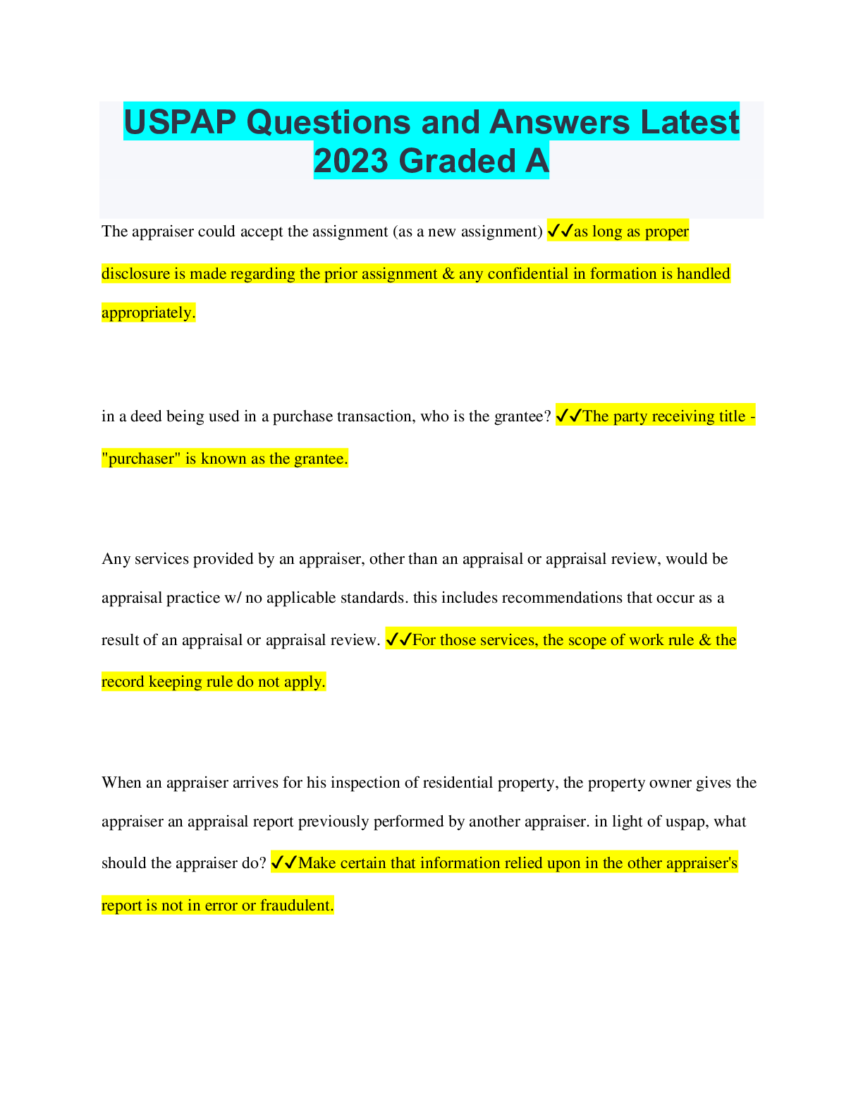 USPAP Questions and Answers Latest 2023 Graded A – Scholarfriends ...