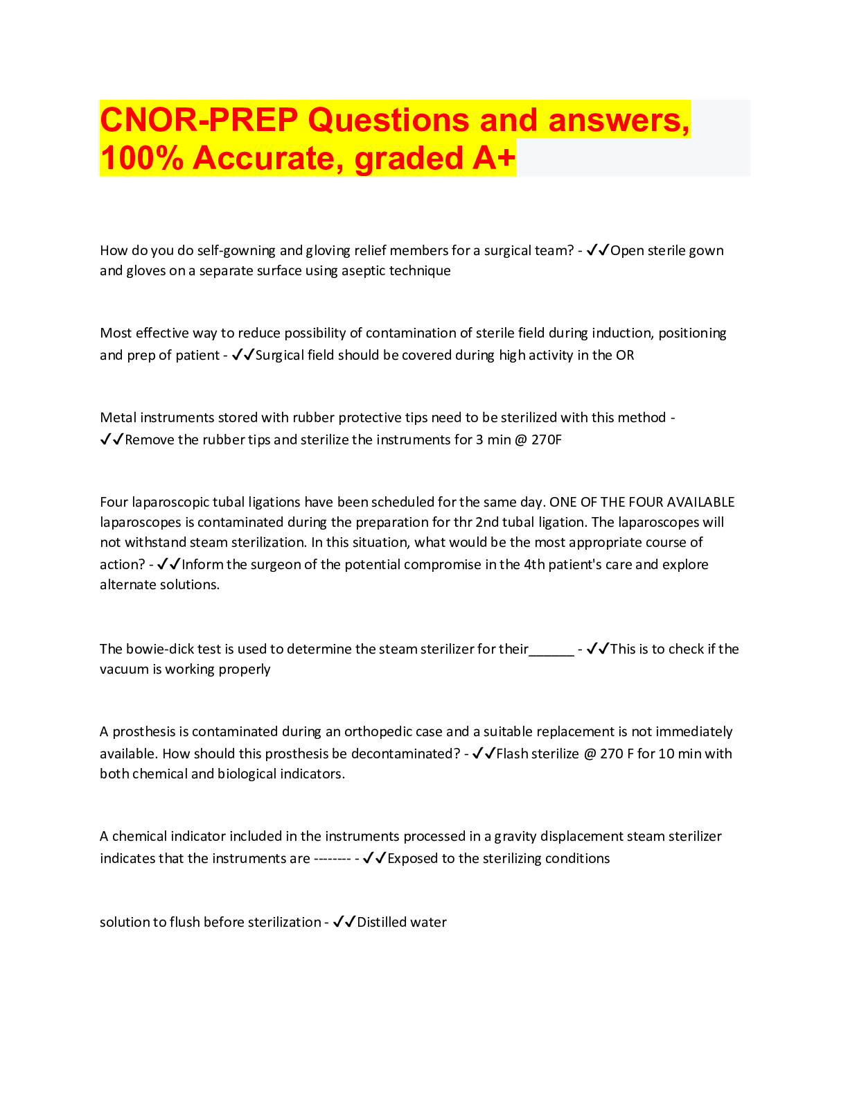 Preview image for CNOR-PREP Questions and answers,  100% Accurate, graded A+