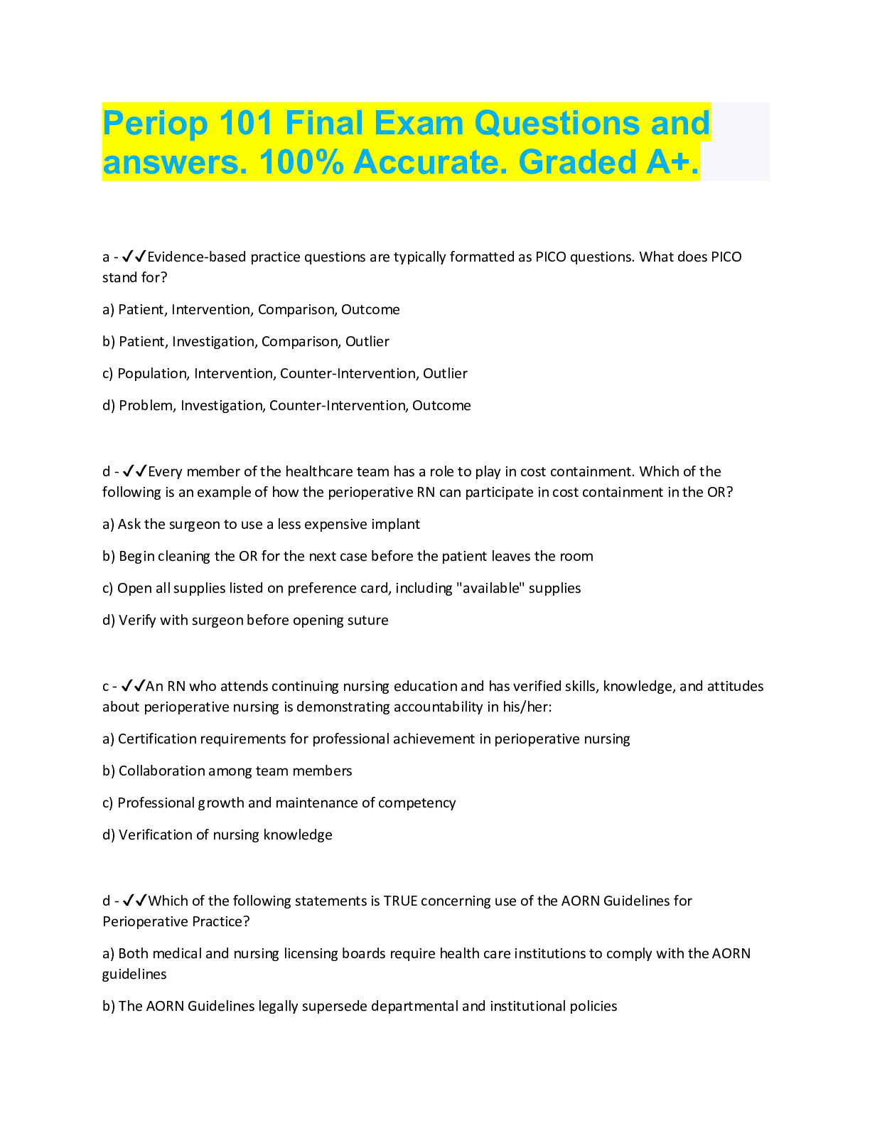 Periop 101 Final Exam Questions and answers. 100% Accurate. Graded A+ ...
