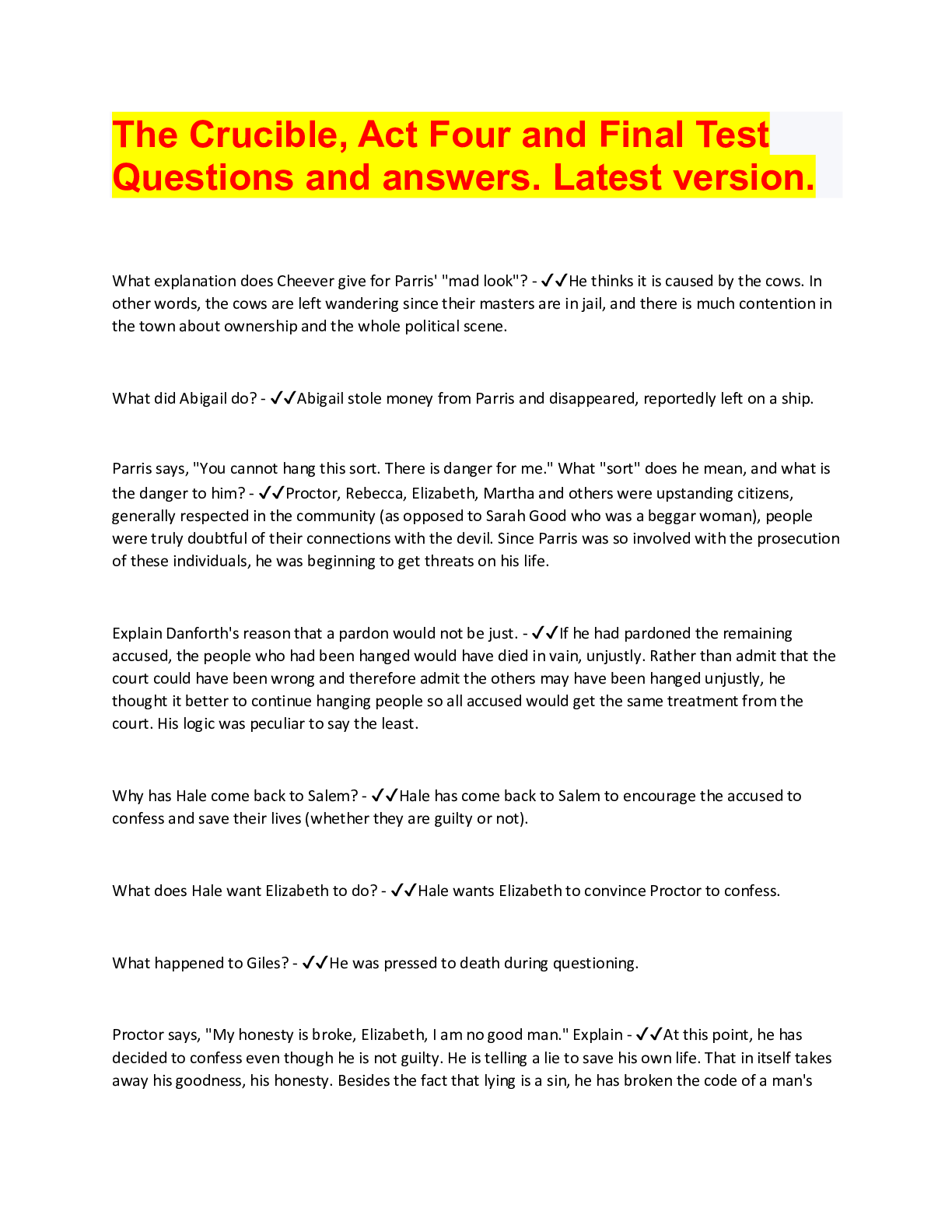 The Crucible, Act Four and Final Test Questions and answers. Latest ...