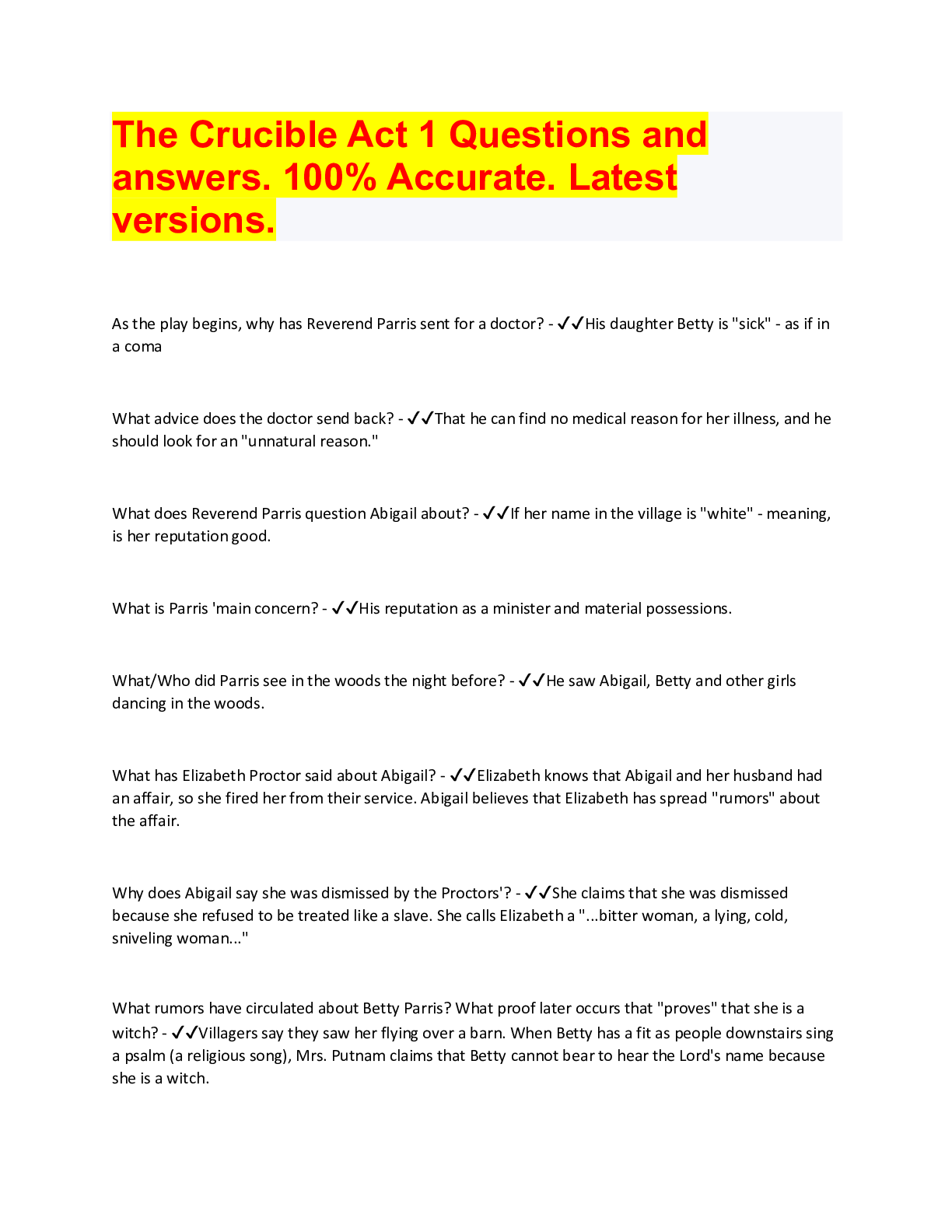 The Crucible Act 1 Questions and answers. 100% Accurate. Latest vers ...