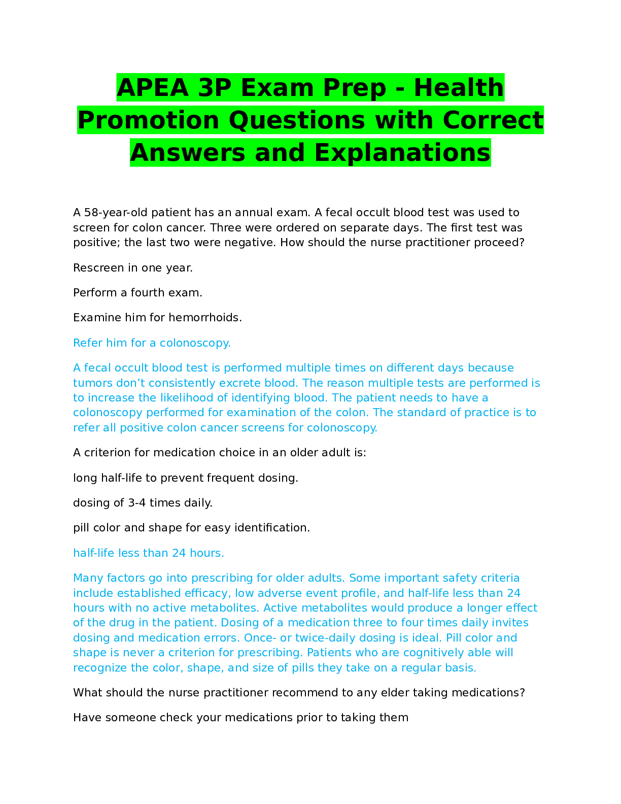 Preview of APEA 3P Exam Prep - Health Promotion Questions with Correct Answers and Explanations