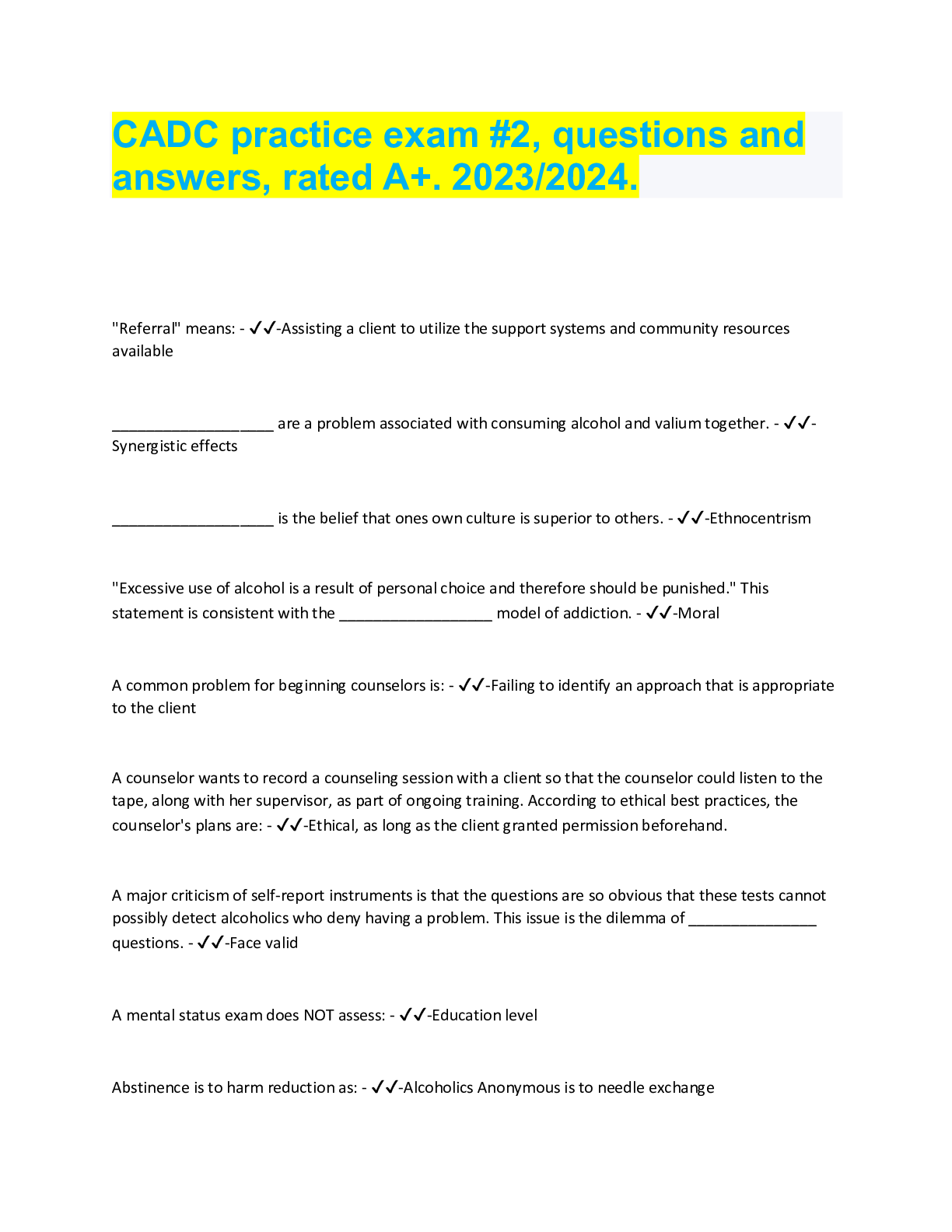 CADC practice exam #2, questions and answers, rated A+. 2023/2024 ...