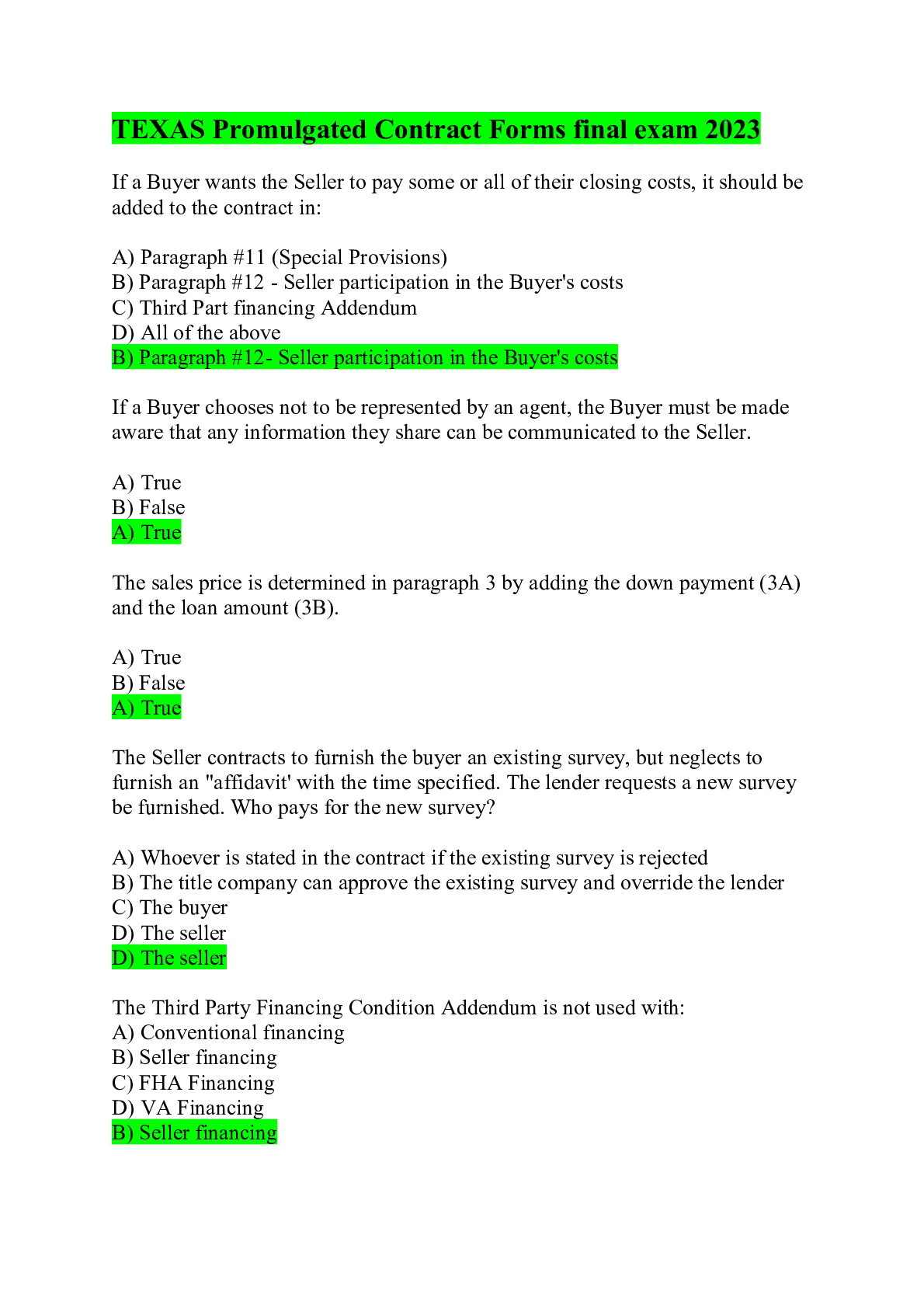 TEXAS Promulgated Contract Forms final exam 2023 Browsegrades