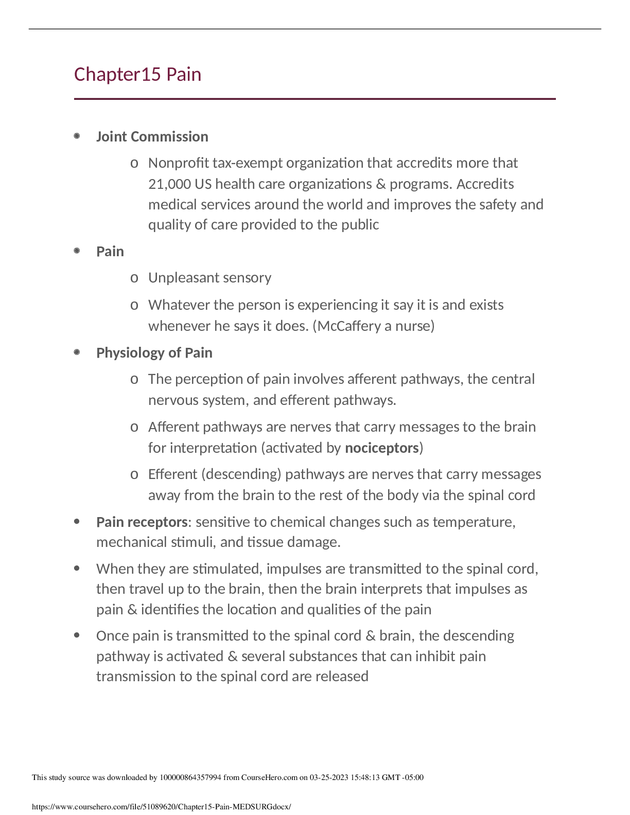 Preview image of MEDSURG PAIN STUDY GUIDE document