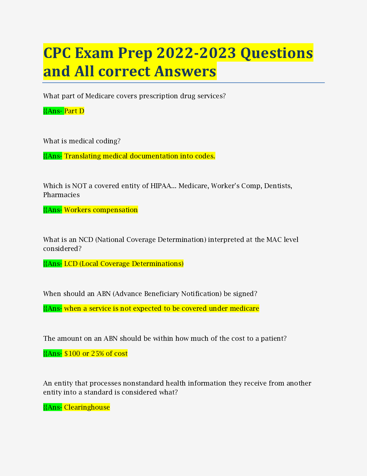 Preview of CPC Exam Prep 2022-2023 Questions and All correct Answers