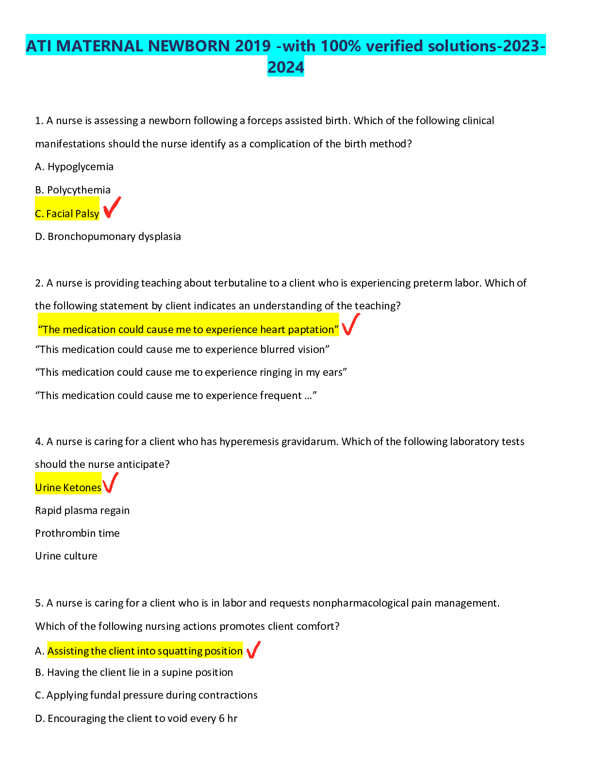 Preview image for ATI MATERNAL NEWBORN 2019 -with 100% verified solutions-2023-2024
