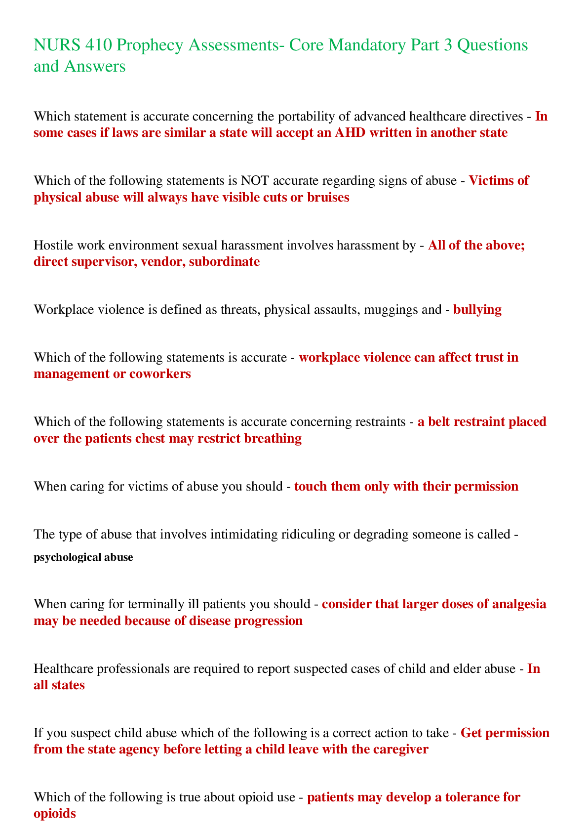 Preview image for NURS 410 Prophecy Assessments- Core Mandatory Part 3 Questions and Answers,100% CORRECT