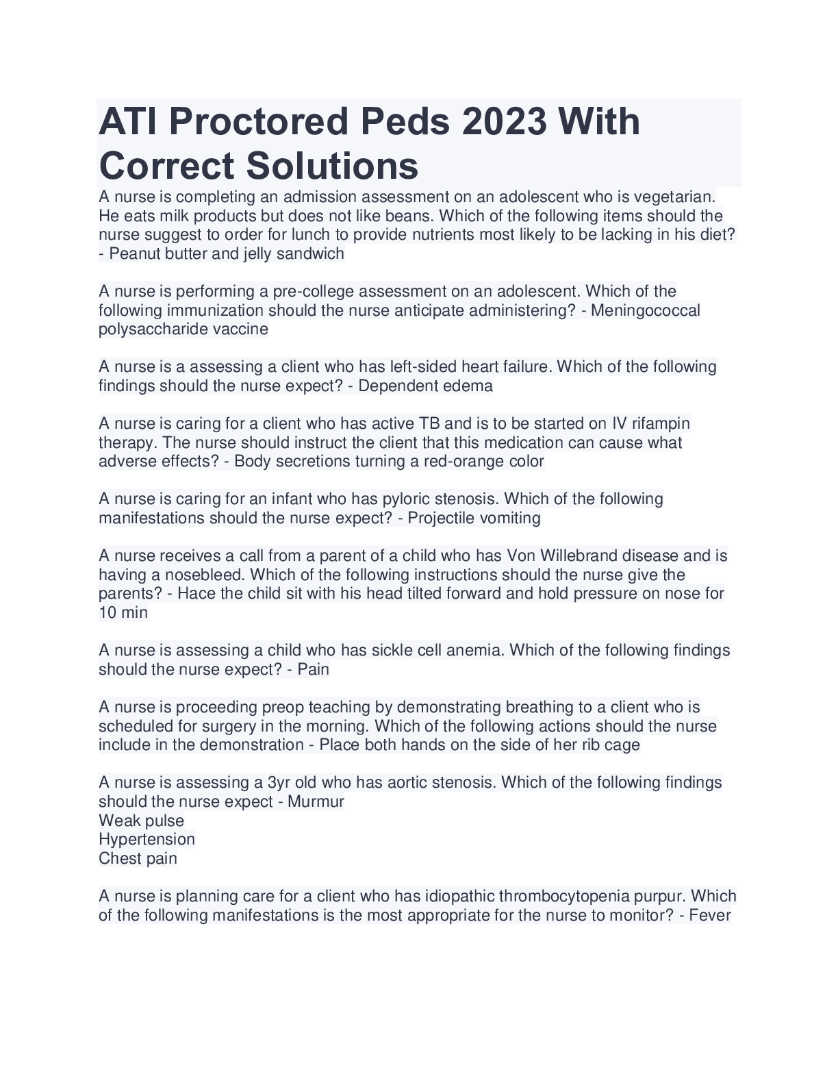 Preview image for ATI Proctored Peds 2023 With  Correct Solutions