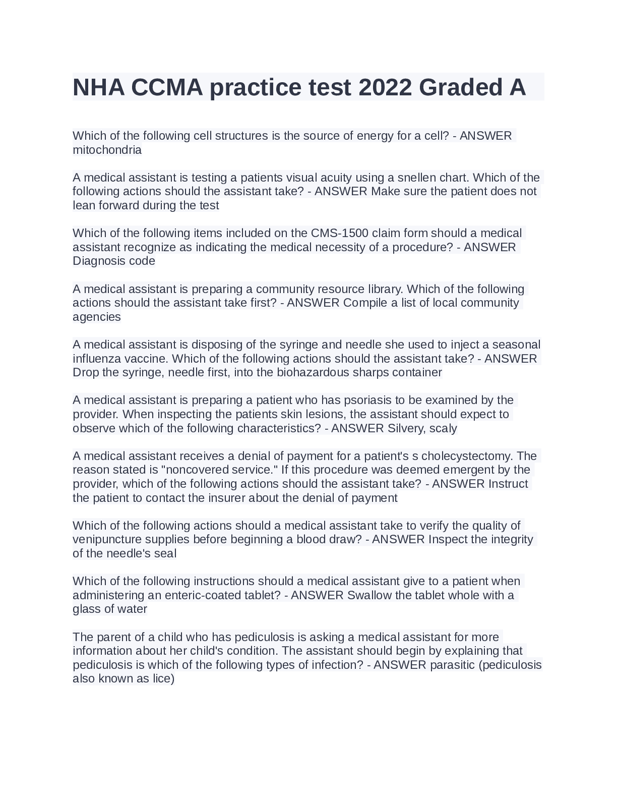 Preview image of NHA CCMA Practice Test Latest 2022 Graded A+ document