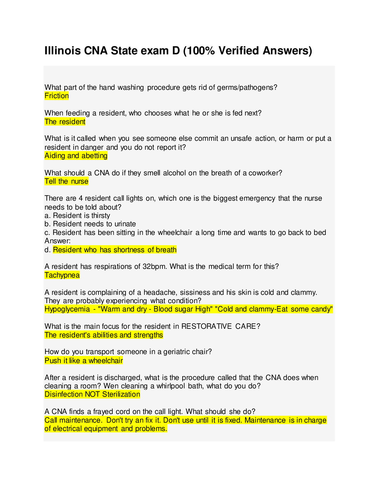Preview of Illinois CNA State exam D Questions and Answer solution (100% Verified Answers)