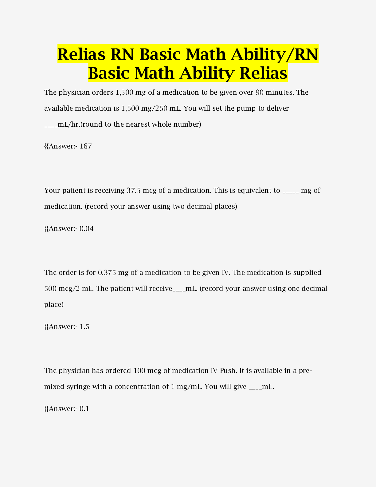 Preview image of Relias RN Basic Math Ability/RN Basic Math Ability Relias with 100% correct Answers| Verified|2023 document