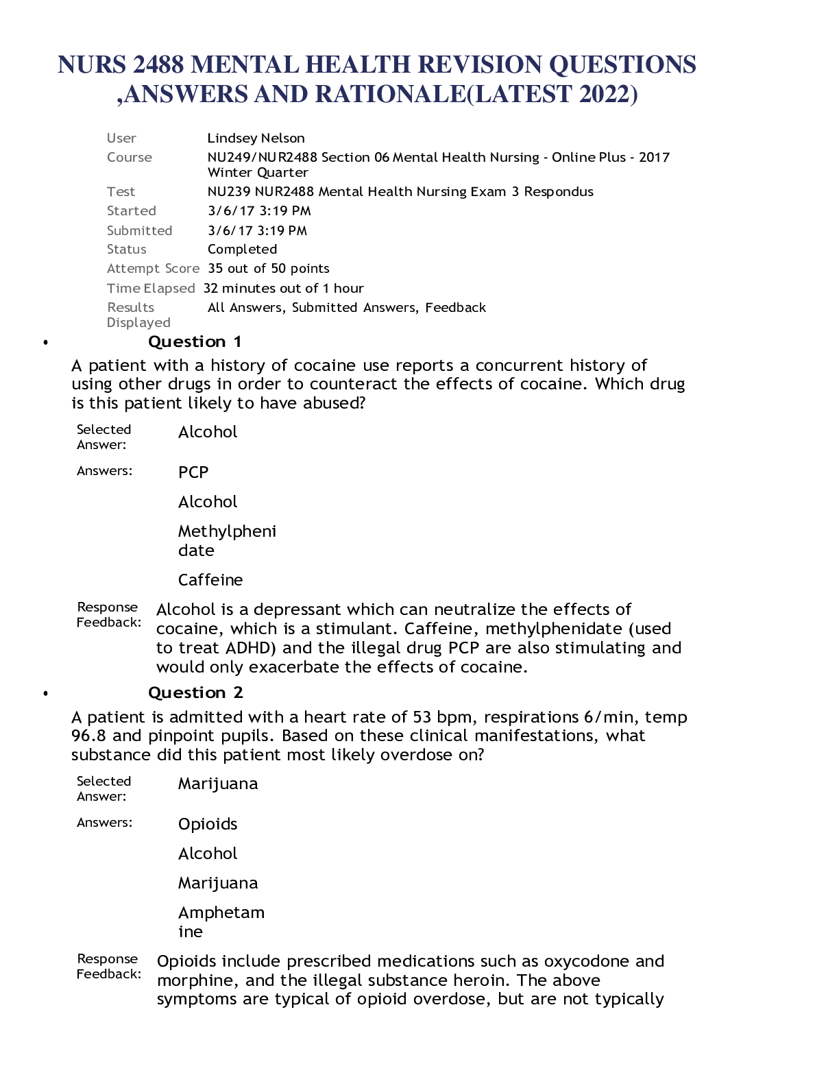 Preview image for NURS 2488 MENTAL HEALTH EXAM SUCCESS: DETAILED Q&A WITH EXPLANATIONS FOR 2022