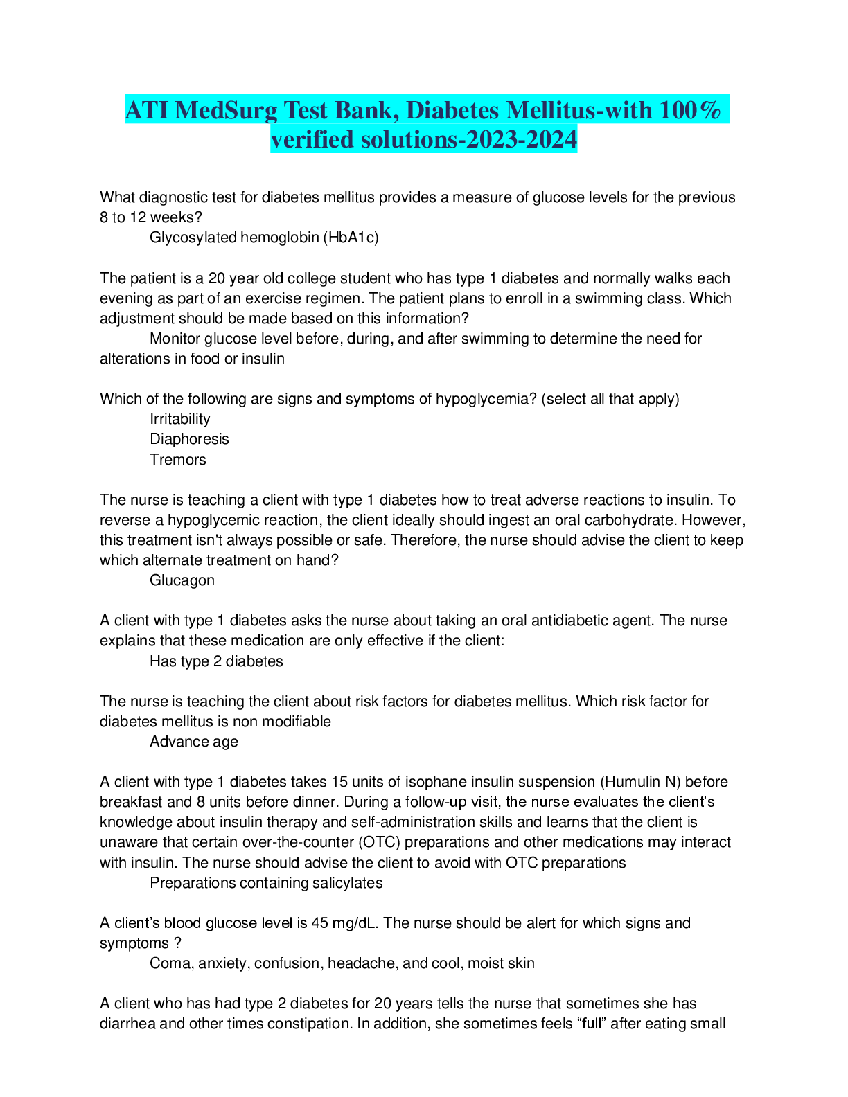Preview image for ATI MedSurg Test Bank, Diabetes Mellitus-with 100% verified solutions-2023-2024