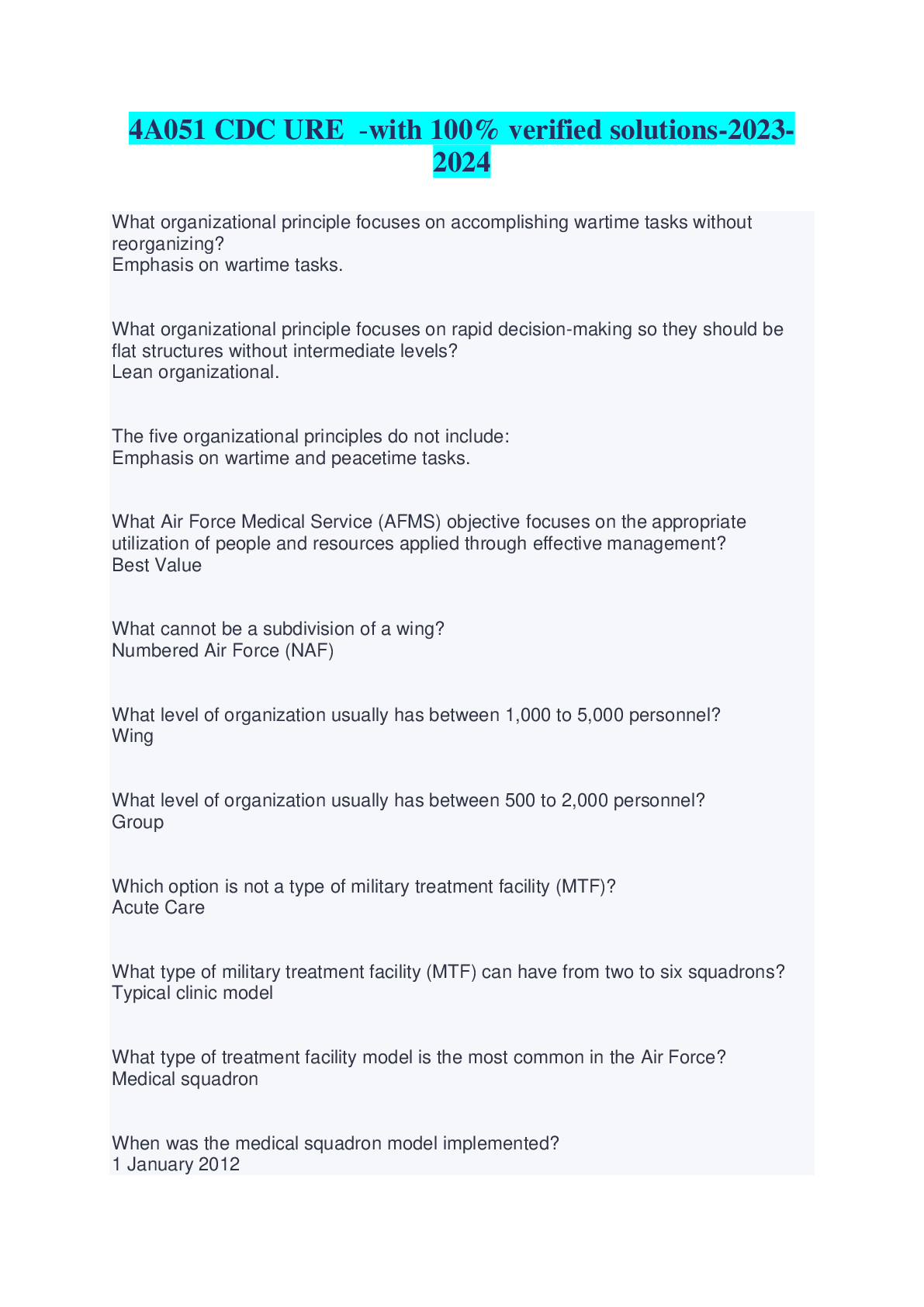 Preview image for 4A051 CDC URE  -with 100% verified solutions-2023-2024