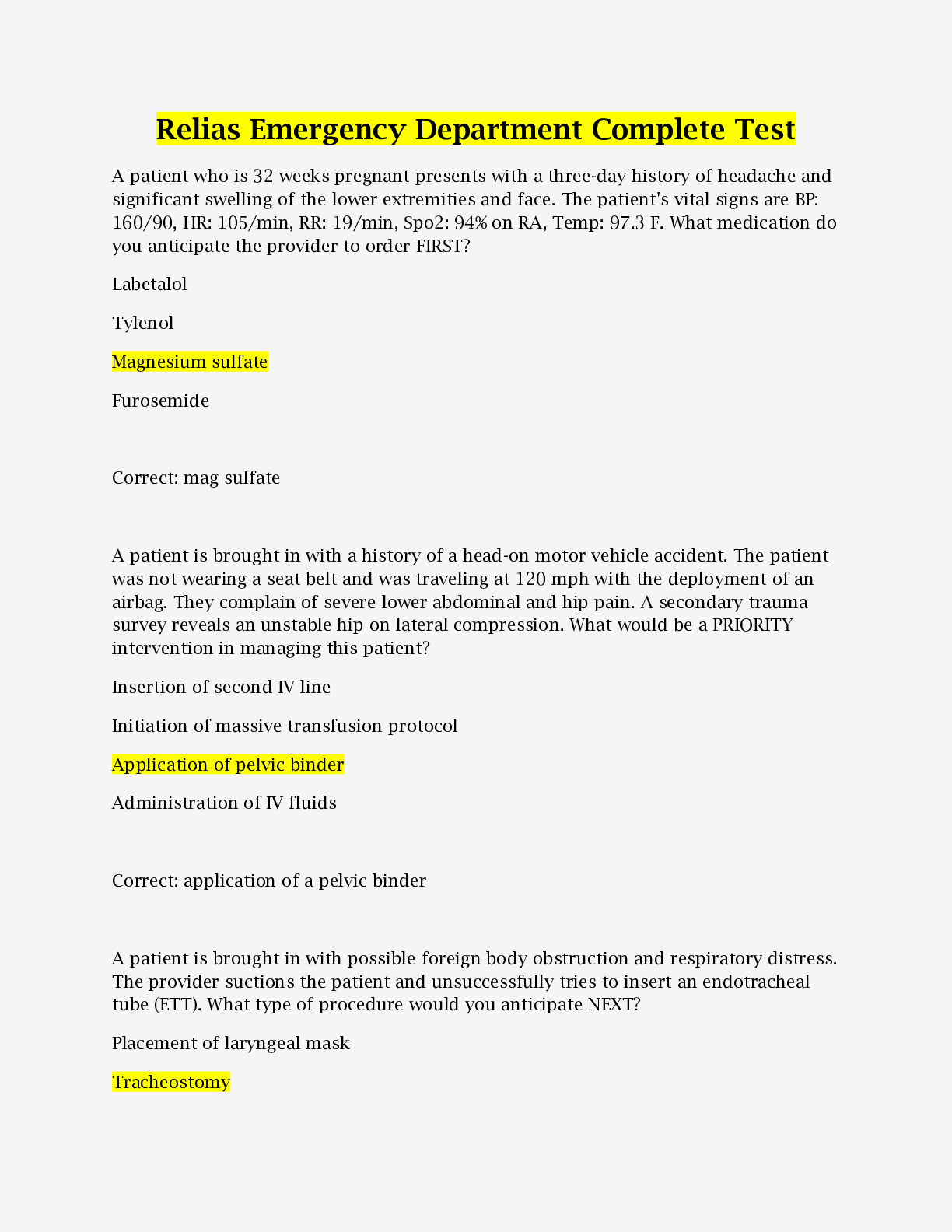 Preview of Relias Emergency Department Complete Test Solved 100% |Verified| Updates 2023
