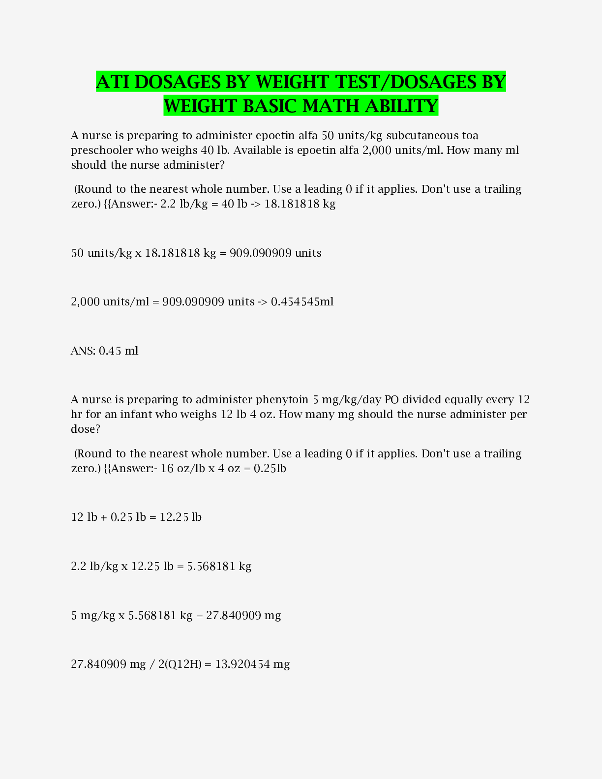 Preview of ATI DOSAGES BY WEIGHT TEST/DOSAGES BY WEIGHT BASIC MATH ABILITY With 100% Correct Answers